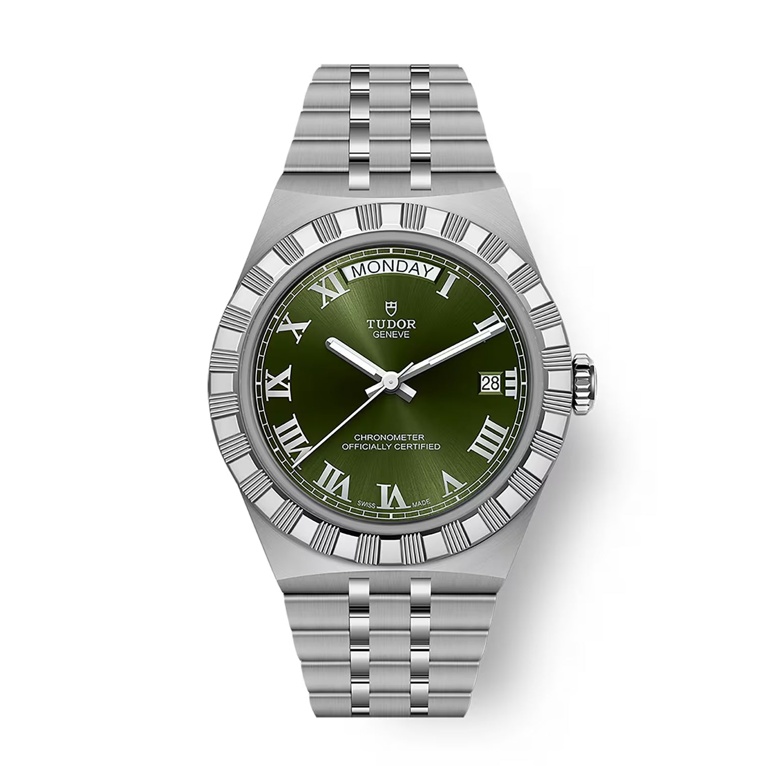 Stainless steel watch with green dial, Roman numeral hour markers, day-date window, and linked bracelet.