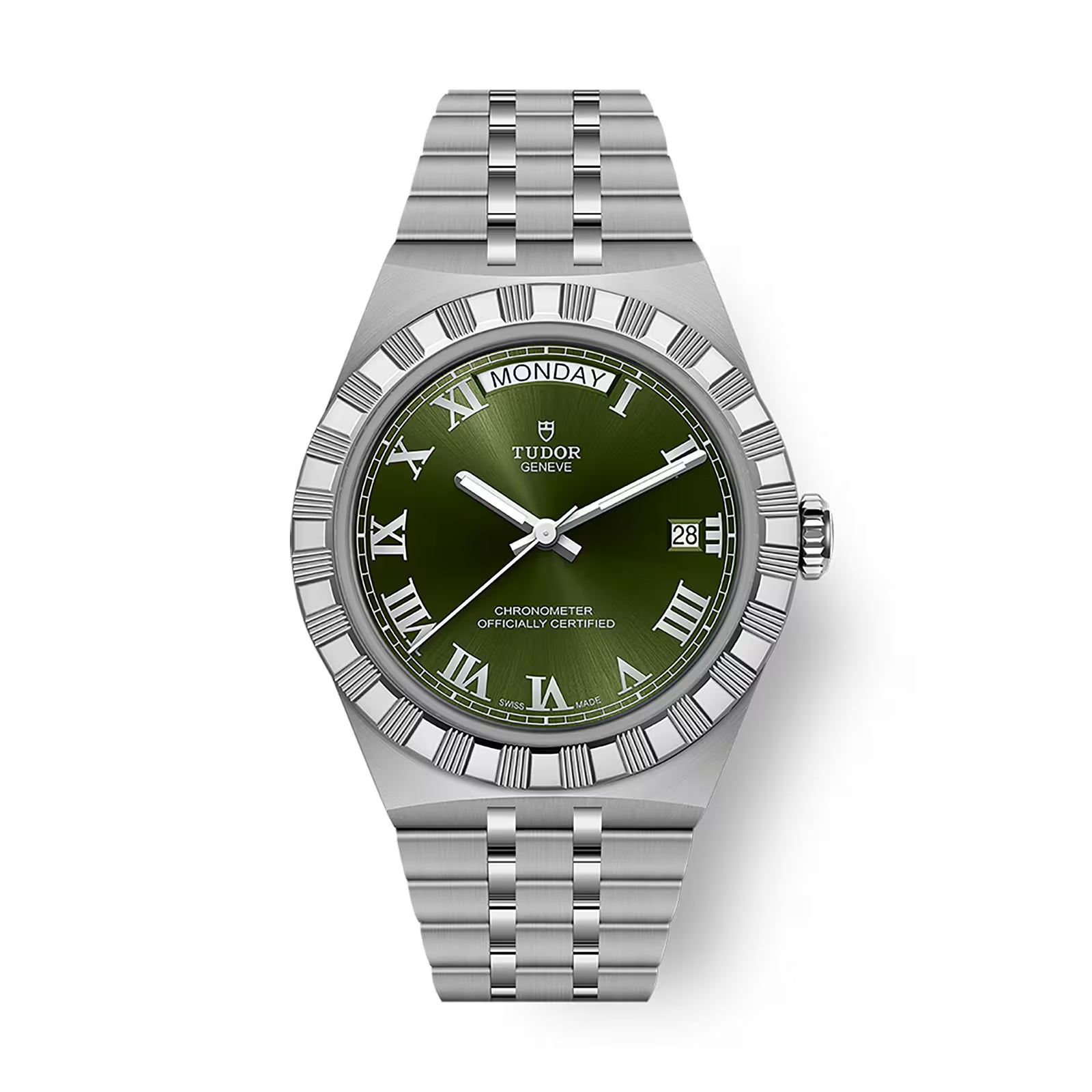 Stainless steel watch with green dial, Roman numeral hour markers, day-date window, and linked bracelet.
