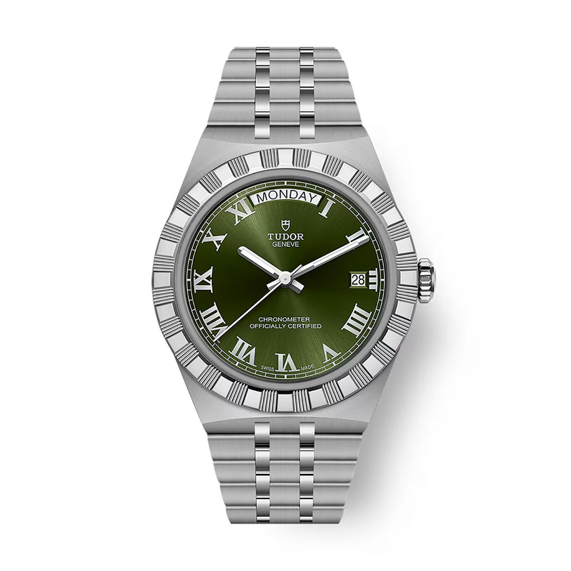 Stainless steel watch with green dial, Roman numeral hour markers, day-date window, and linked bracelet.