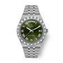 Stainless steel watch with green dial, Roman numeral hour markers, day-date window, and linked bracelet.