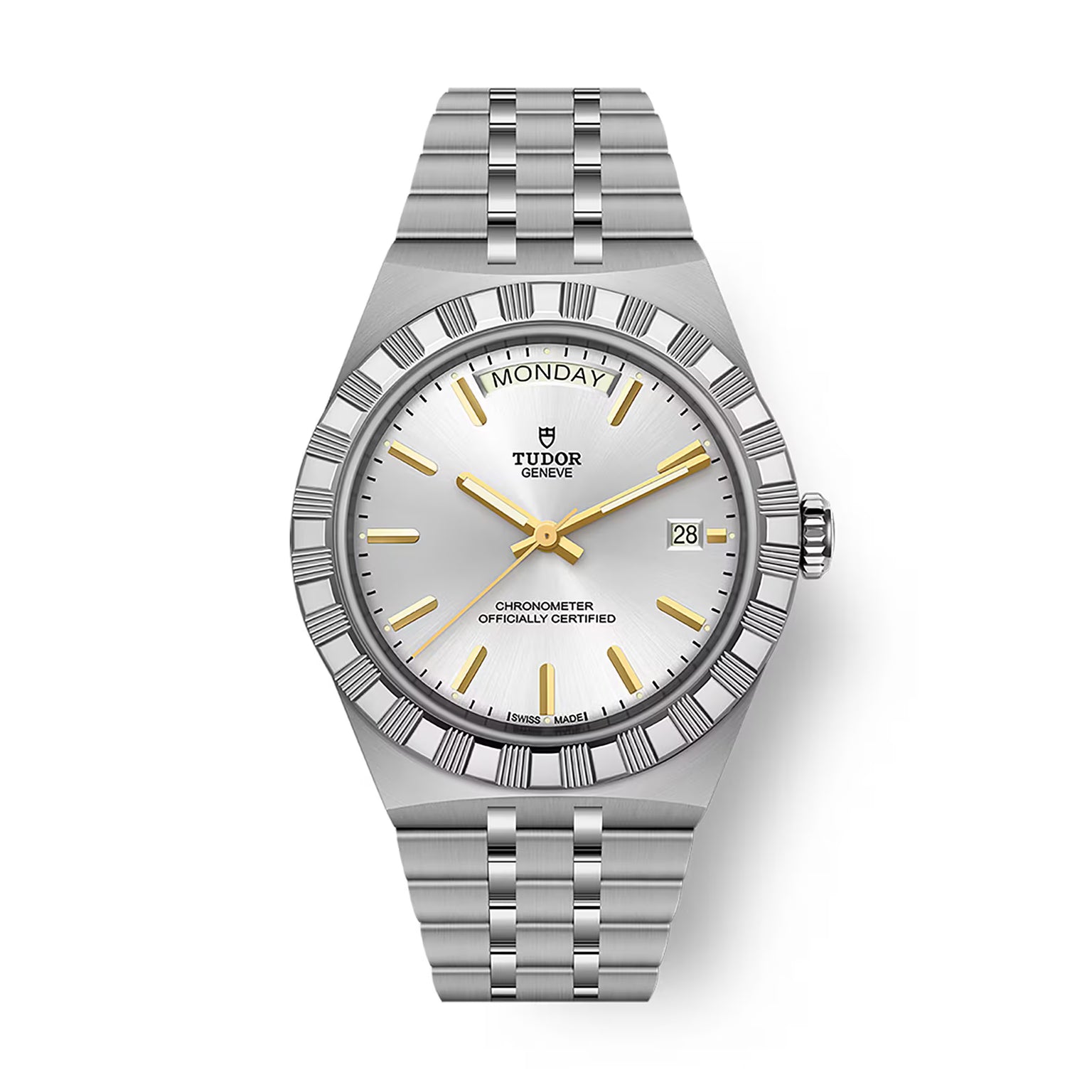 Steel Tudor Royal watch with silver dial, gold-tone hands and hour markers, day-date window, and textured bezel.