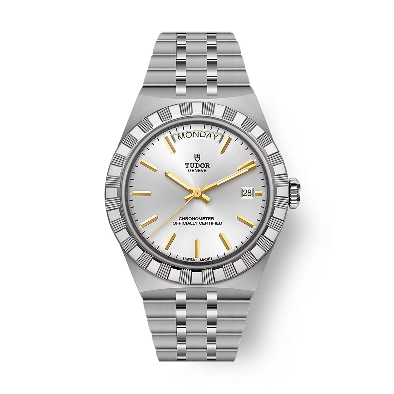 Steel Tudor Royal watch with silver dial, gold-tone hands and hour markers, day-date window, and textured bezel.