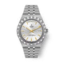 Steel Tudor Royal watch with silver dial, gold-tone hands and hour markers, day-date window, and textured bezel.
