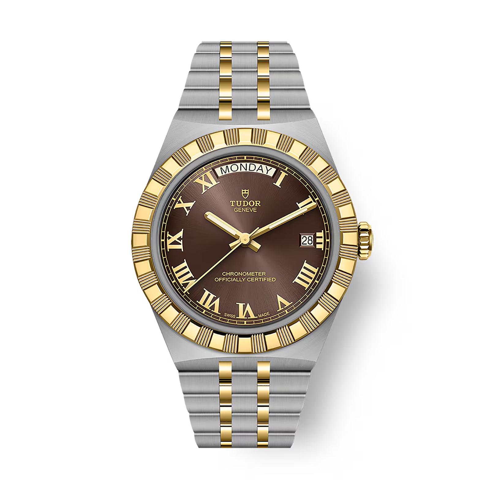 TUDOR Royal watch with two-tone steel and gold bracelet, brown dial, Roman numerals, day-date window, and gold bezel.