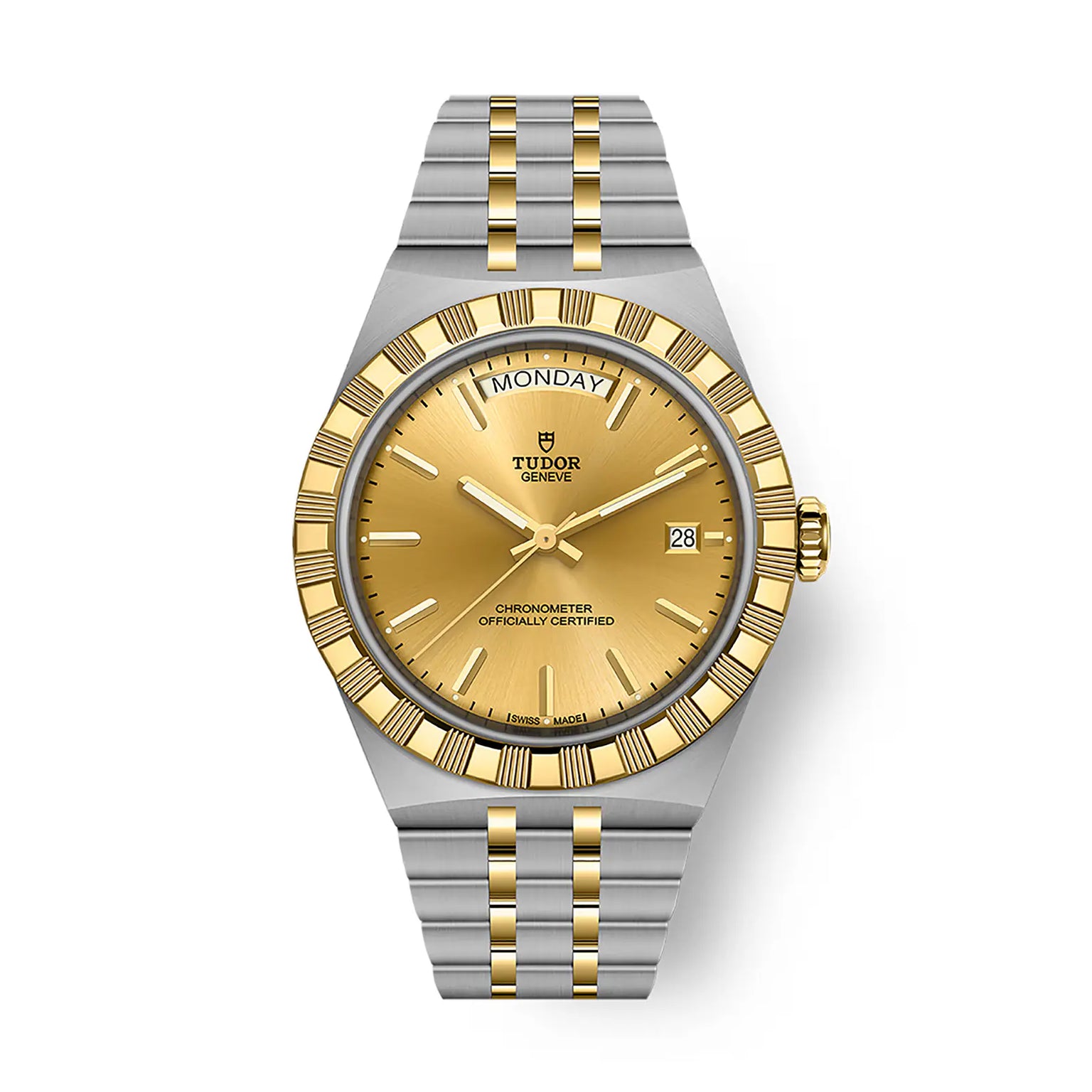 Two-tone steel and gold watch with champagne dial, day-date window, and textured bezel.
