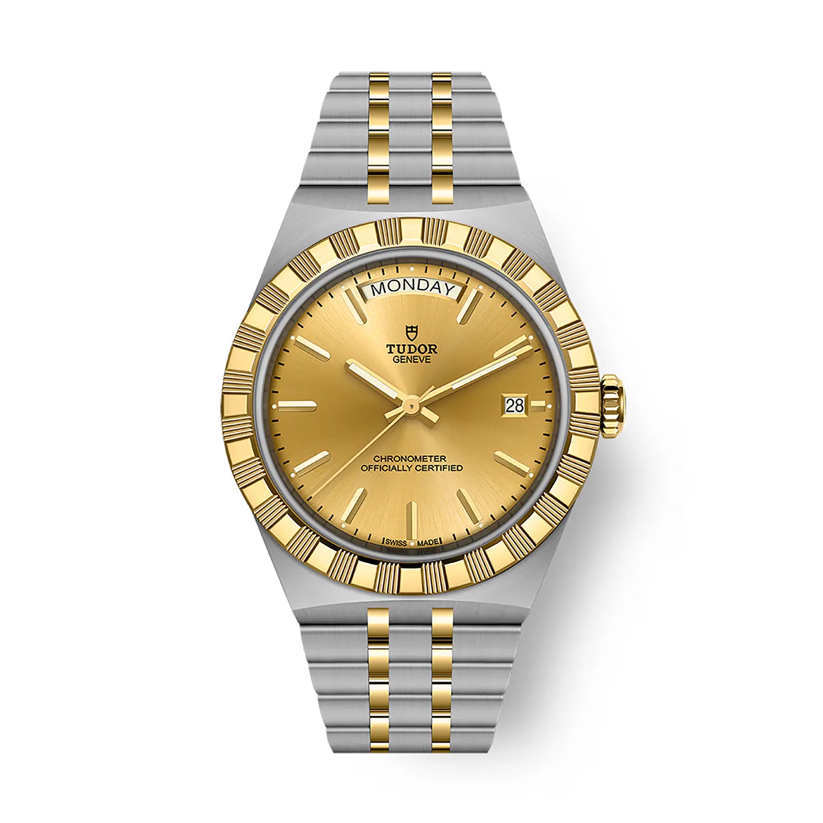 Two-tone steel and gold watch with champagne dial, day-date window, and textured bezel.