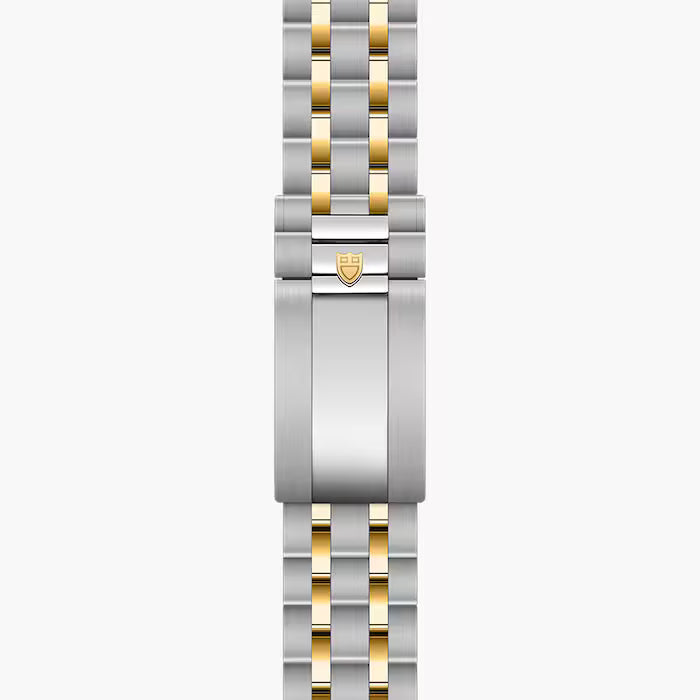 Two-tone stainless steel and gold-plated watch bracelet with shield logo clasp.
