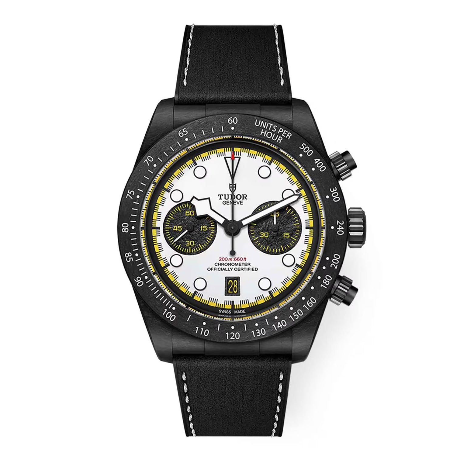 Black chronograph watch with white dial, yellow accents, black leather strap, and black case.