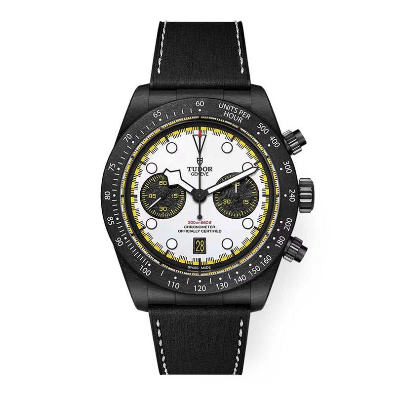Black chronograph watch with white dial, yellow accents, black leather strap, and black case.
