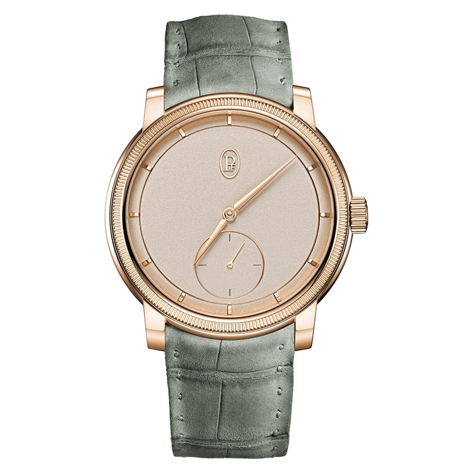 The Parmigiani Fleurier TORIC Petite Seconde features a gold case, beige dial, green leather strap, and a small seconds subdial above 6 o’clock.