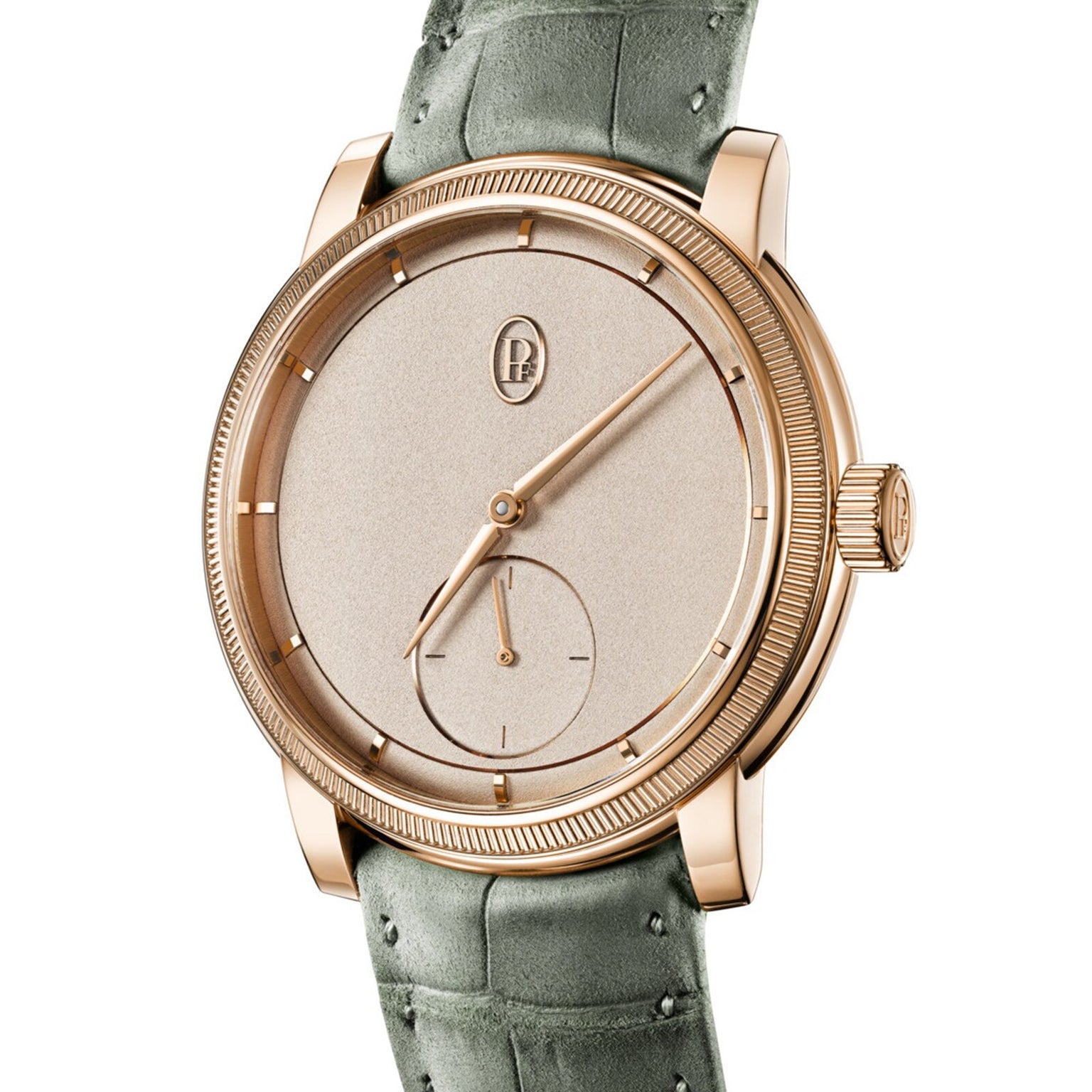 The Parmigiani Fleurier TORIC Petite Seconde features a gold case, textured beige dial with minimal markings, and a green leather strap.
