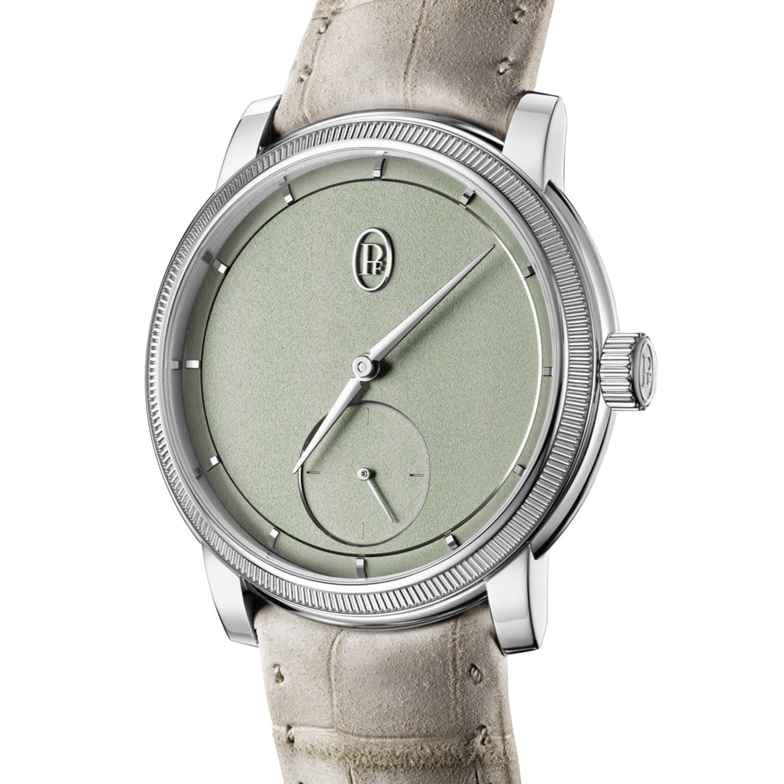 The Parmigiani Fleurier TORIC Petite Seconde is a luxury wristwatch with a light green dial, beige leather strap, and minimalist hour markers.