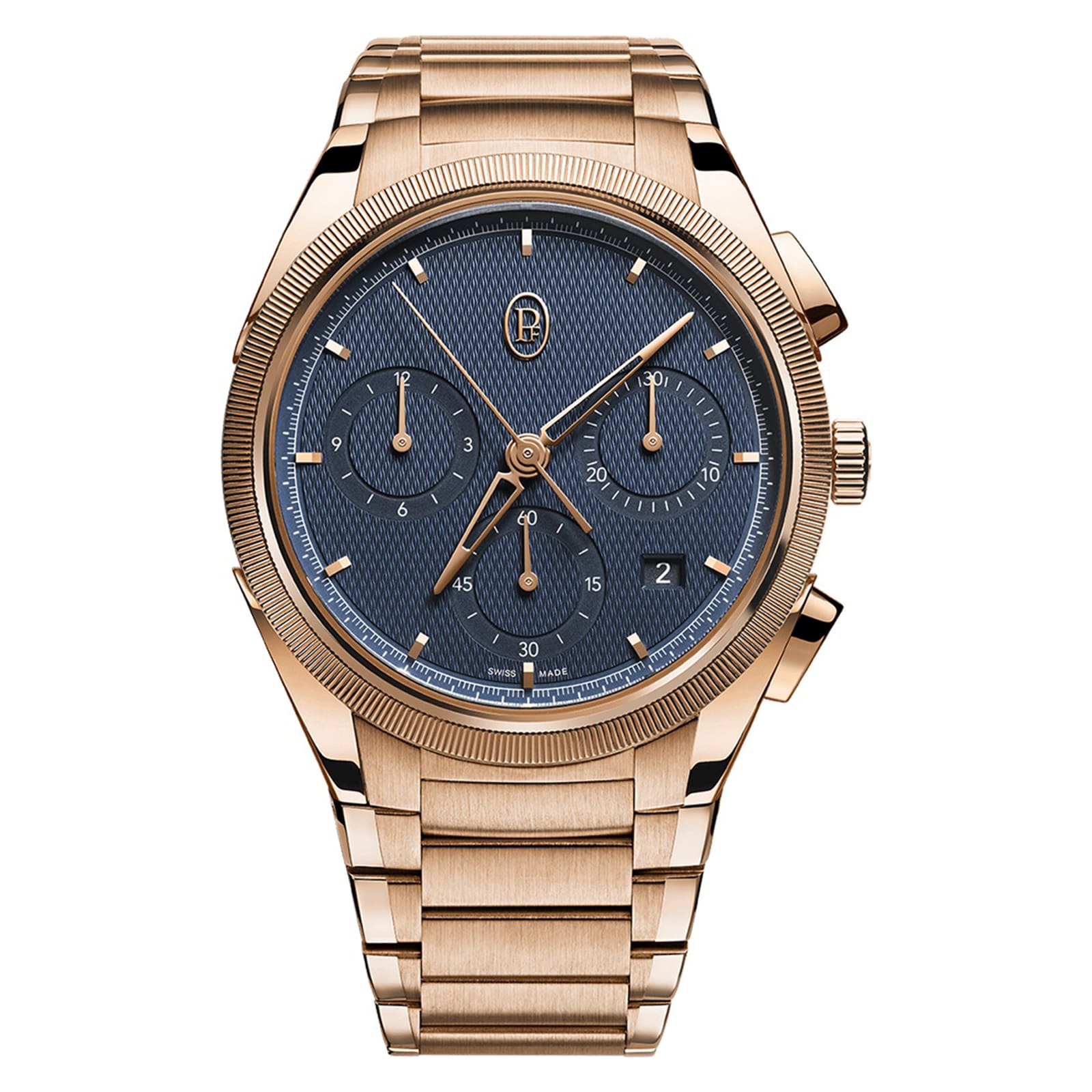 The Parmigiani Fleurier TONDA PF Chronograph features a gold case, blue textured dial with three subdials, date window, and a gold metal bracelet.