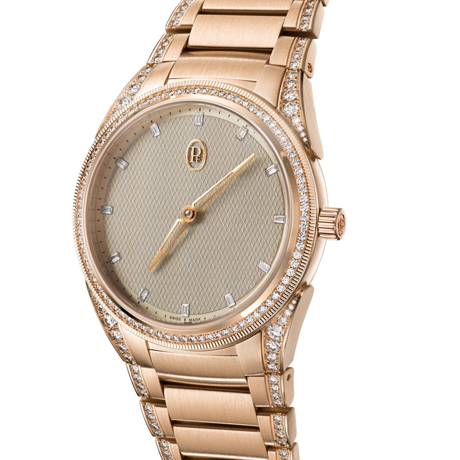 The Parmigiani Fleurier TONDA PF Automatic, a gold wristwatch with diamond accents and a textured dial, is displayed at an angle.