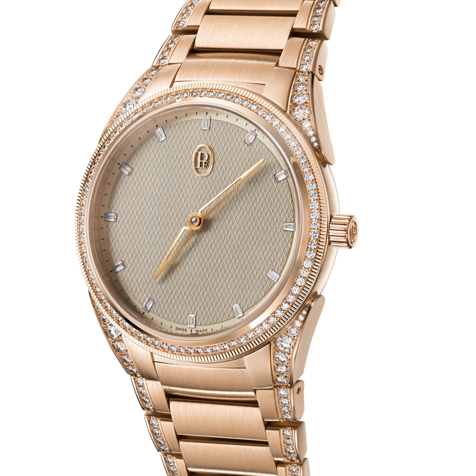 The Parmigiani Fleurier TONDA PF Automatic, a gold wristwatch with diamond accents and a textured dial, is displayed at an angle.