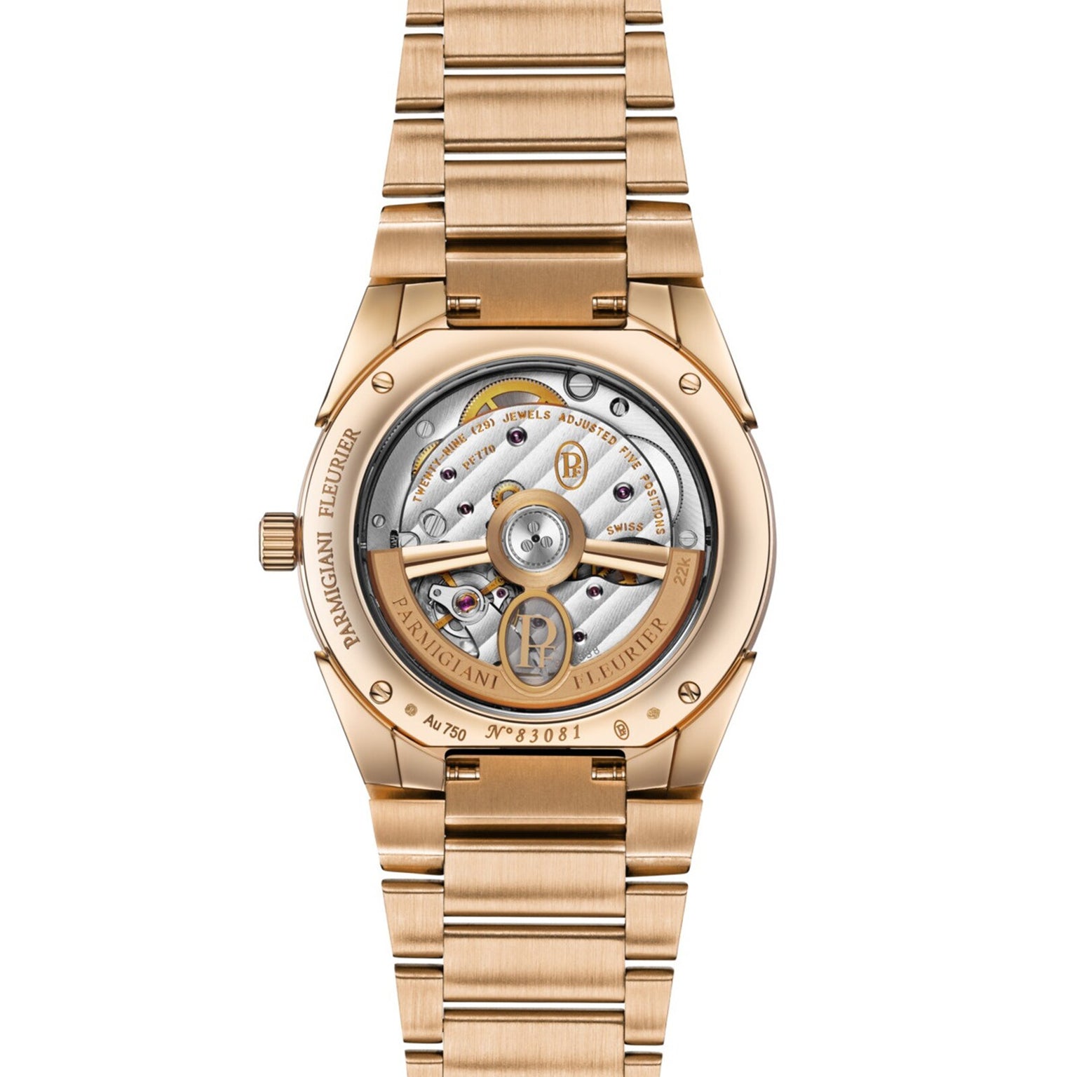 Close-up of the back of a Parmigiani Fleurier TONDA PF Automatic wristwatch, revealing its exposed mechanical movement.