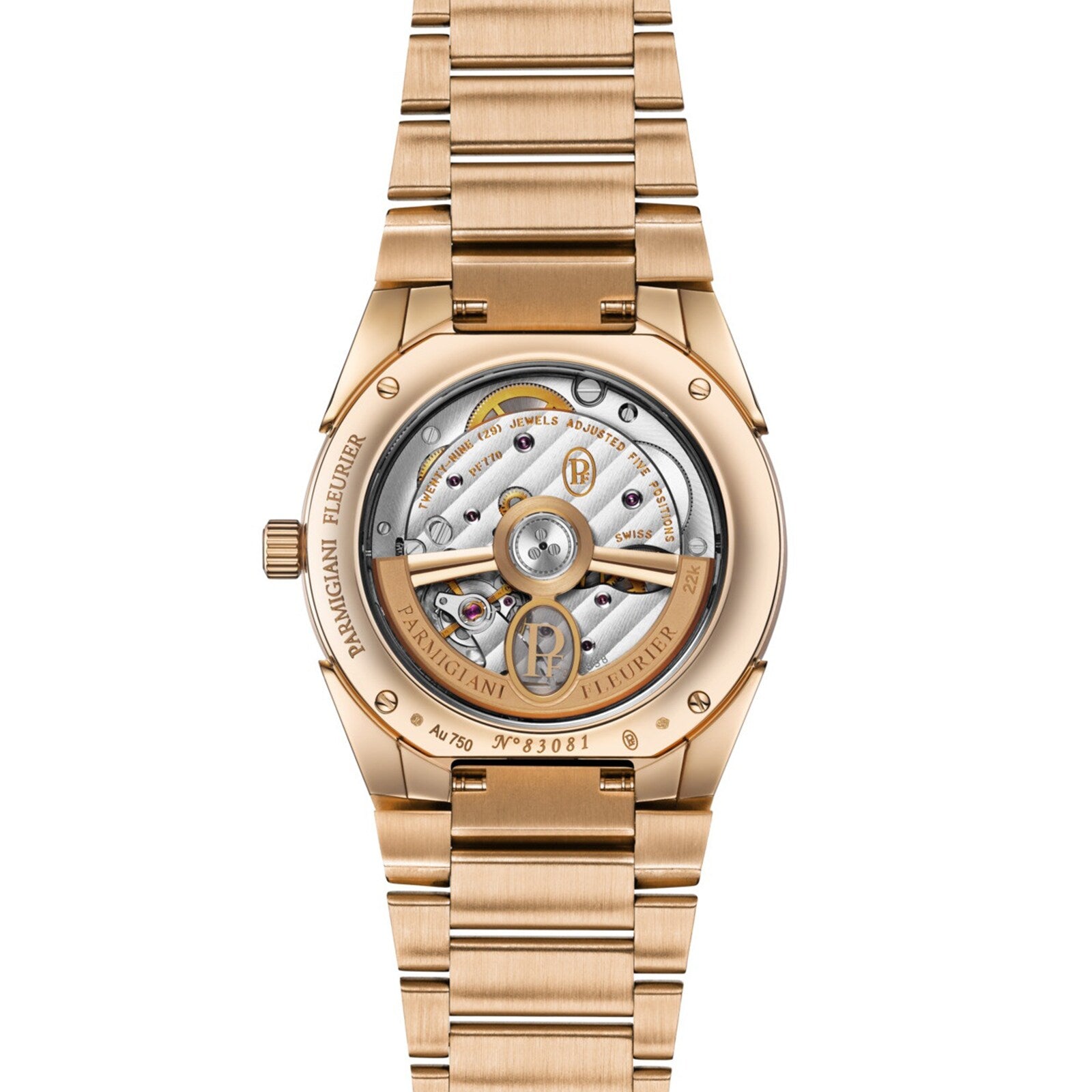 Close-up of the back of a Parmigiani Fleurier TONDA PF Automatic wristwatch, revealing its exposed mechanical movement.