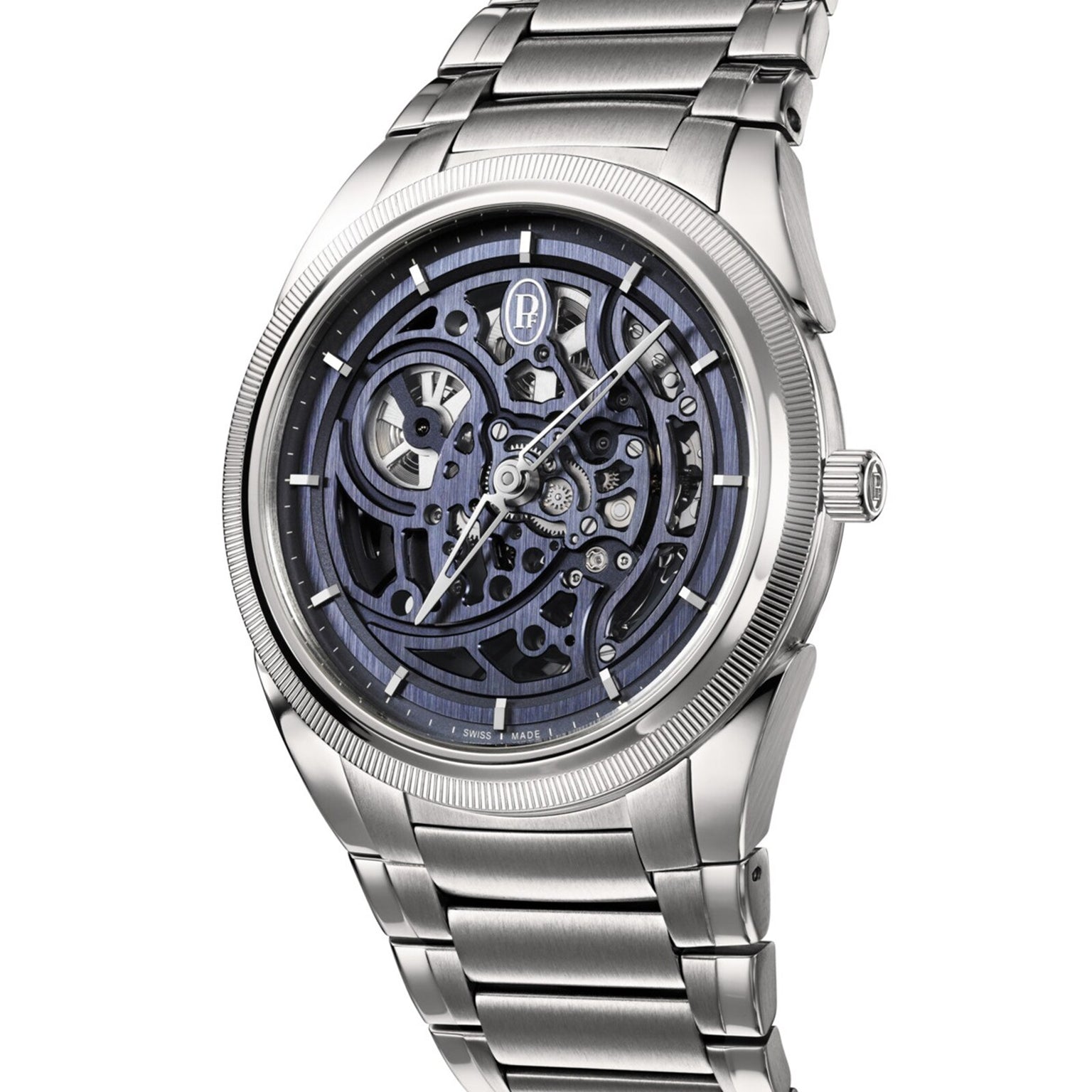 The Parmigiani Fleurier TONDA PF Skeleton features exposed gears and intricate detailing on a metal link band, angled right.