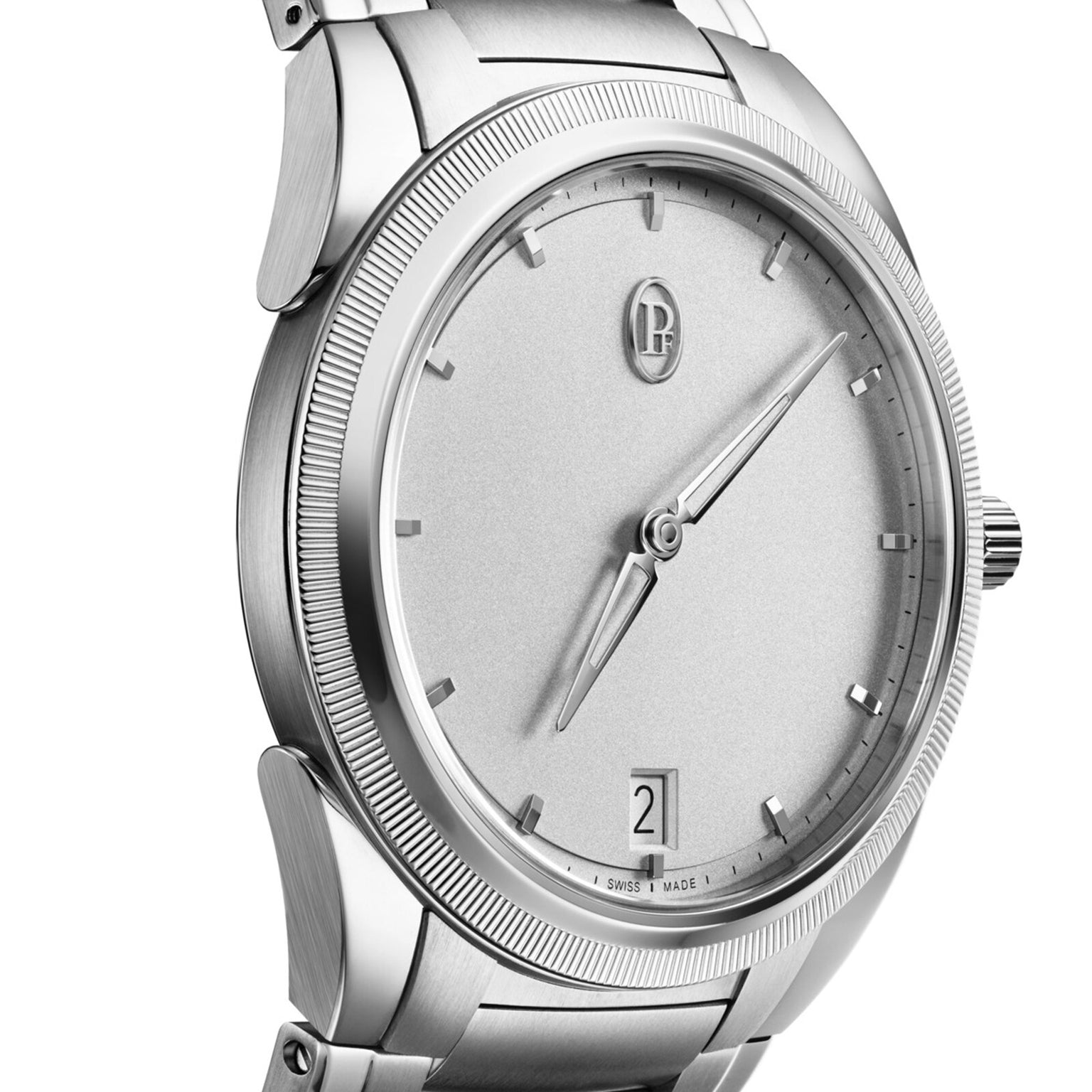 The Parmigiani Fleurier TONDA PF Micro-Rotor is a silver wristwatch featuring a plain dial, date window at 6 o’clock, and no numeral hour markers.