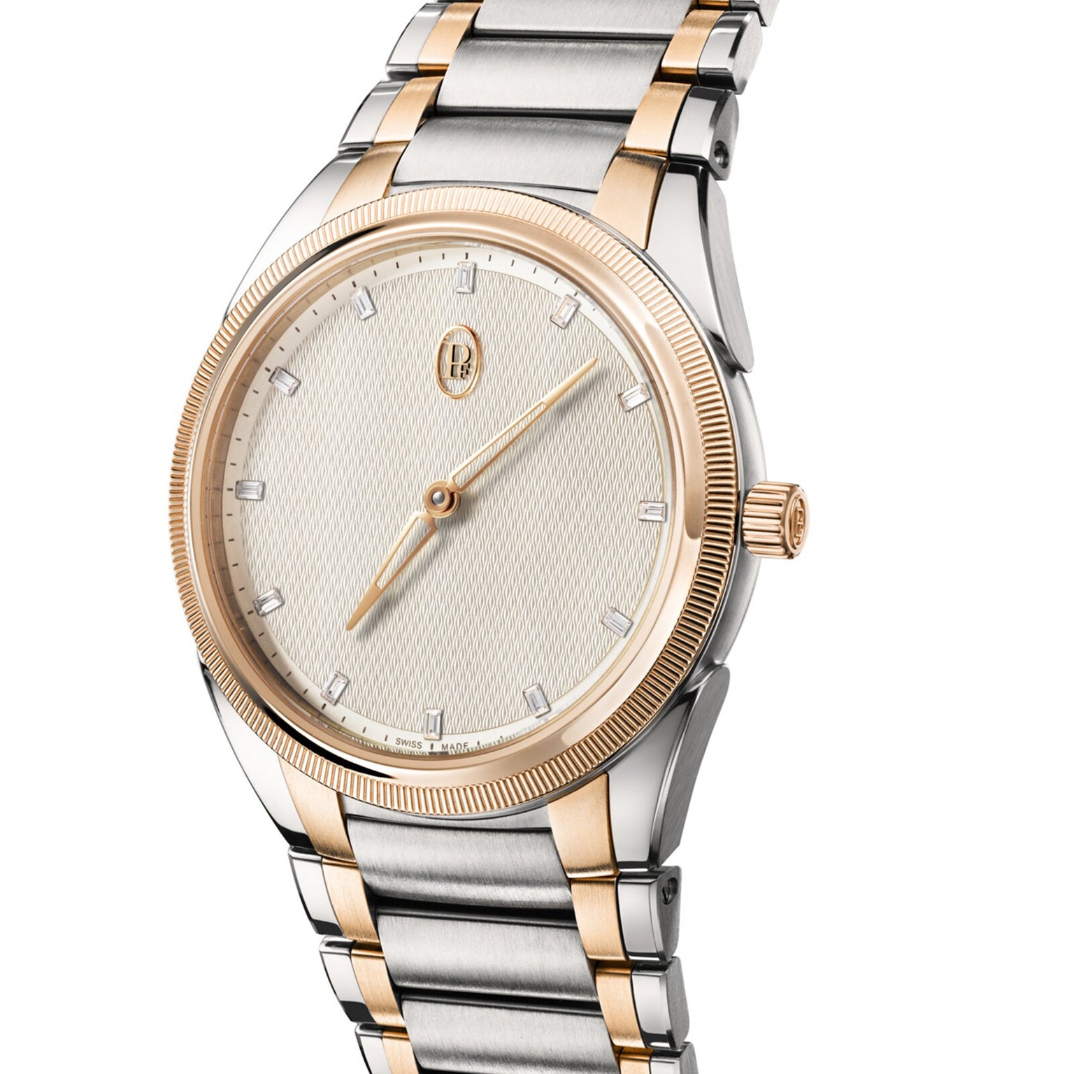The Parmigiani Fleurier TONDA PF Automatic is a two-tone wristwatch with a gold bezel, silver and gold metal band, and a simple cream dial.