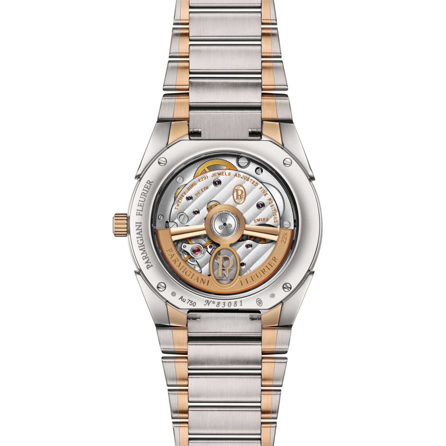 Back view of the Parmigiani Fleurier TONDA PF Automatic, featuring a two-tone metal bracelet and a visible mechanical movement.