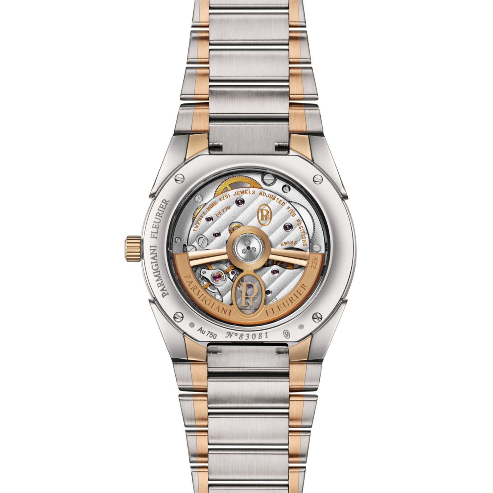 Back view of the Parmigiani Fleurier TONDA PF Automatic, featuring a two-tone metal bracelet and a visible mechanical movement.