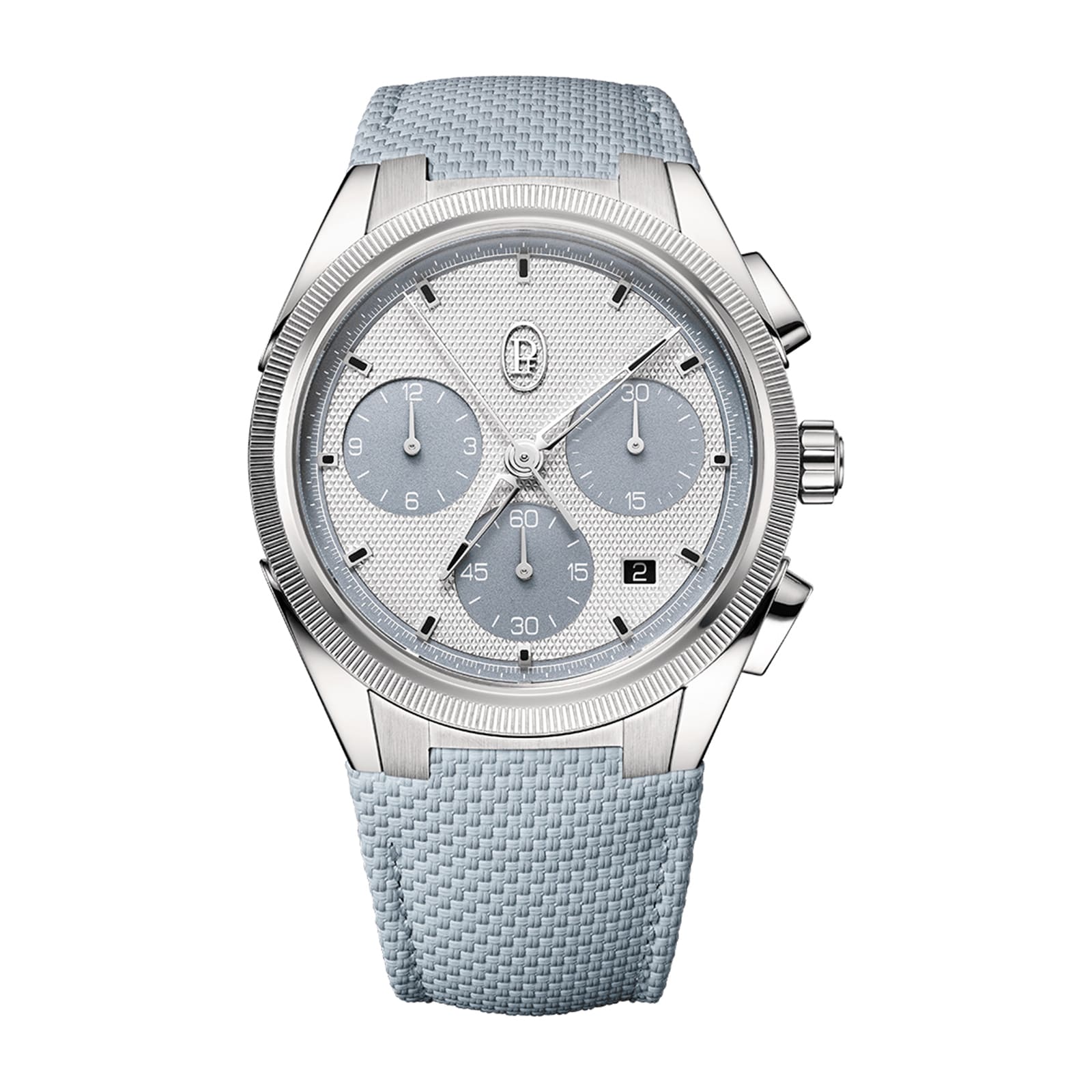 The Parmigiani Fleurier TONDA PF Sport Chronograph is a silver luxury wristwatch featuring a textured light blue strap and three subdials set on a matching silver dial.