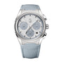 The Parmigiani Fleurier TONDA PF Sport Chronograph is a silver luxury wristwatch featuring a textured light blue strap and three subdials set on a matching silver dial.