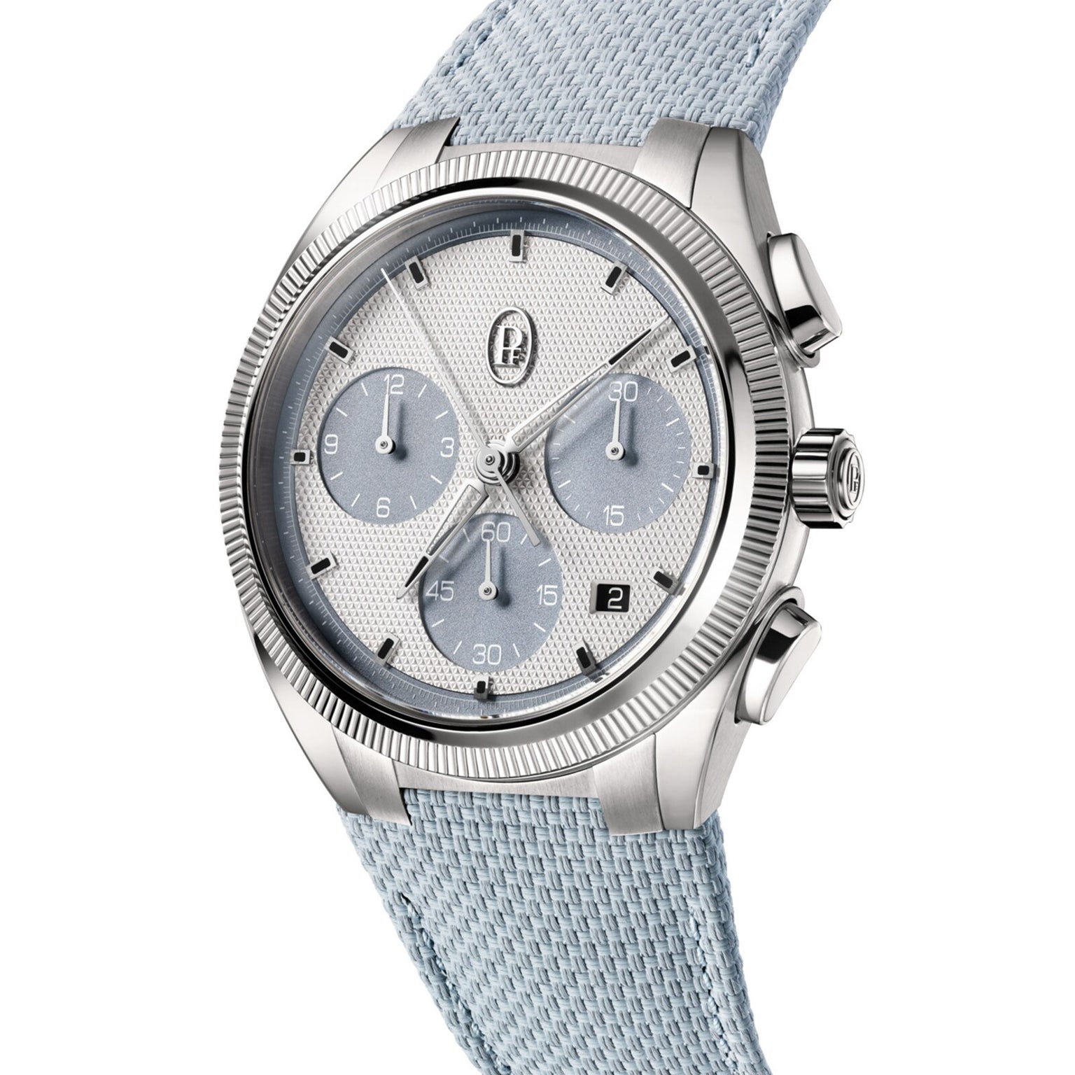 The Parmigiani Fleurier TONDA PF Sport Chronograph features a textured dial and light blue fabric strap, shown angled for display.