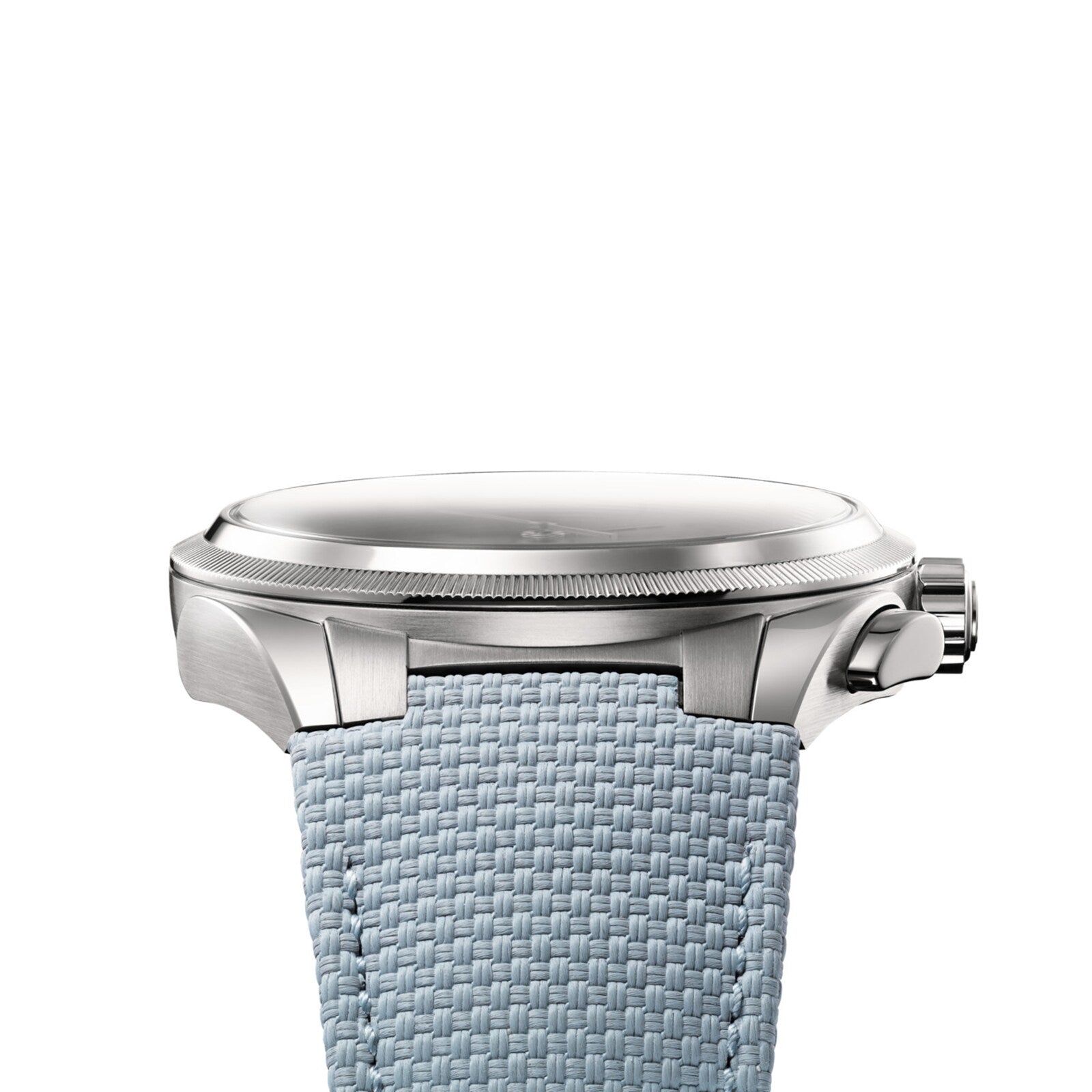 Side view of the Parmigiani Fleurier TONDA PF Sport Chronograph, a silver wristwatch with a textured light blue strap, displayed against a white background.