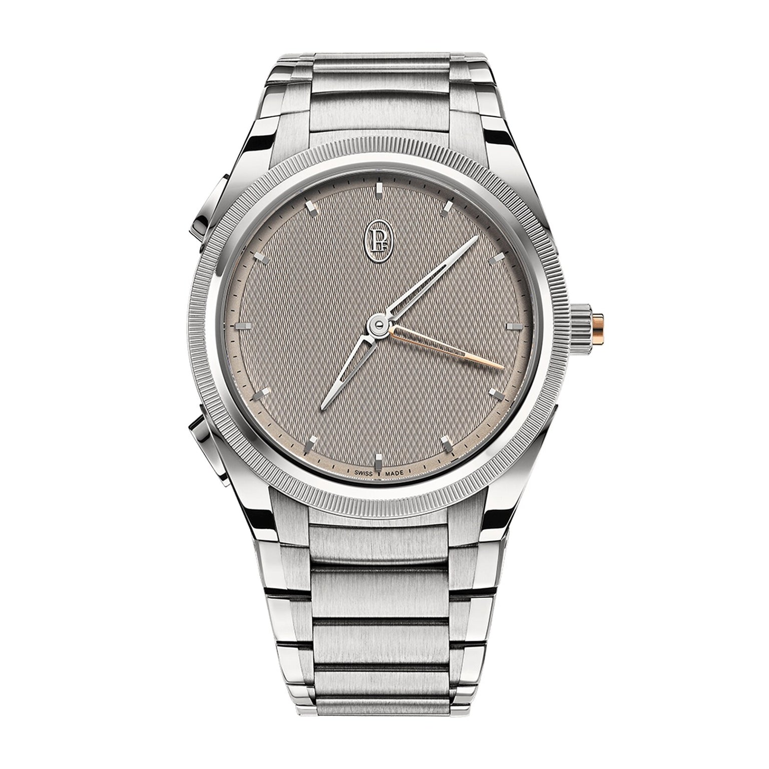 The Parmigiani Fleurier TONDA PF Minute Rattrapante is a silver luxury wristwatch featuring a textured grey dial, metallic strap, and minimalist hour markers.