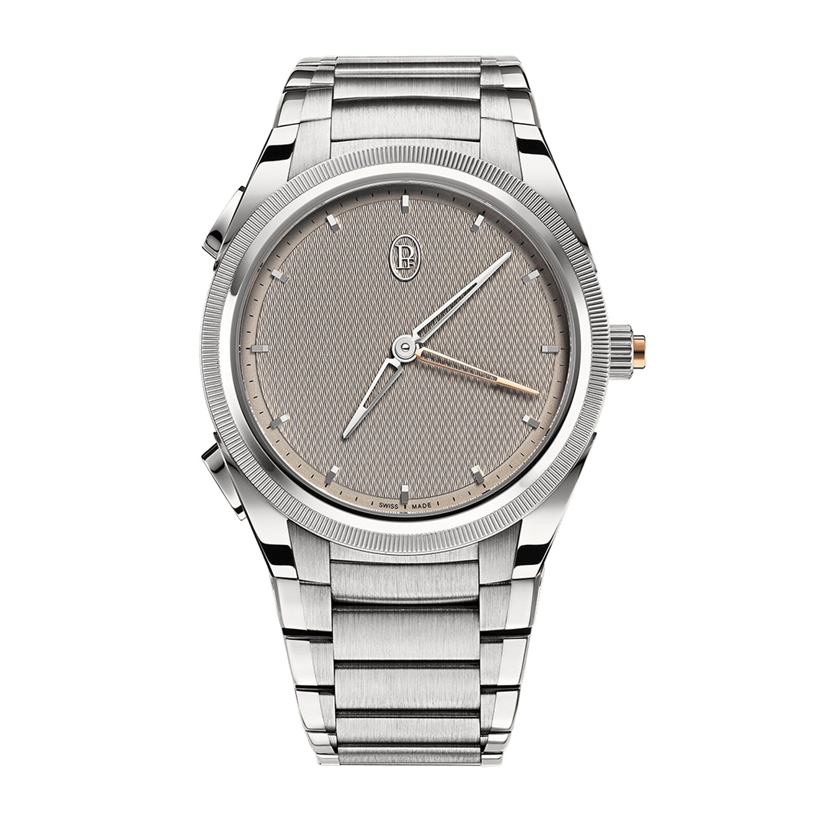The Parmigiani Fleurier TONDA PF Minute Rattrapante is a silver luxury wristwatch featuring a textured grey dial, metallic strap, and minimalist hour markers.