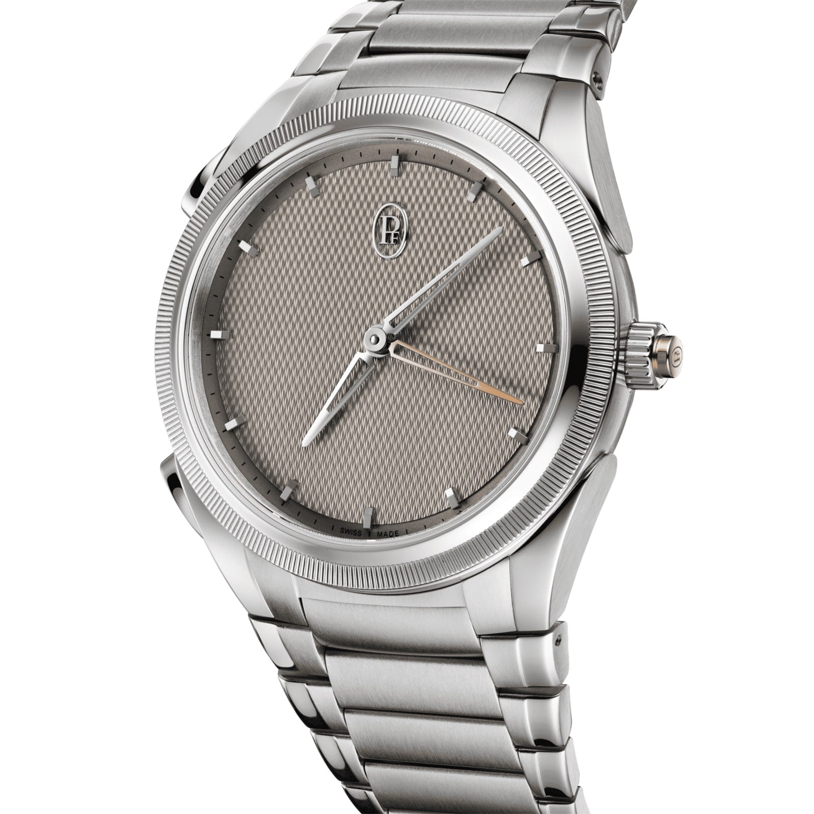 The Parmigiani Fleurier TONDA PF Minute Rattrapante luxury wristwatch features a textured gray dial and metal bracelet, displayed at an angle on a white background.