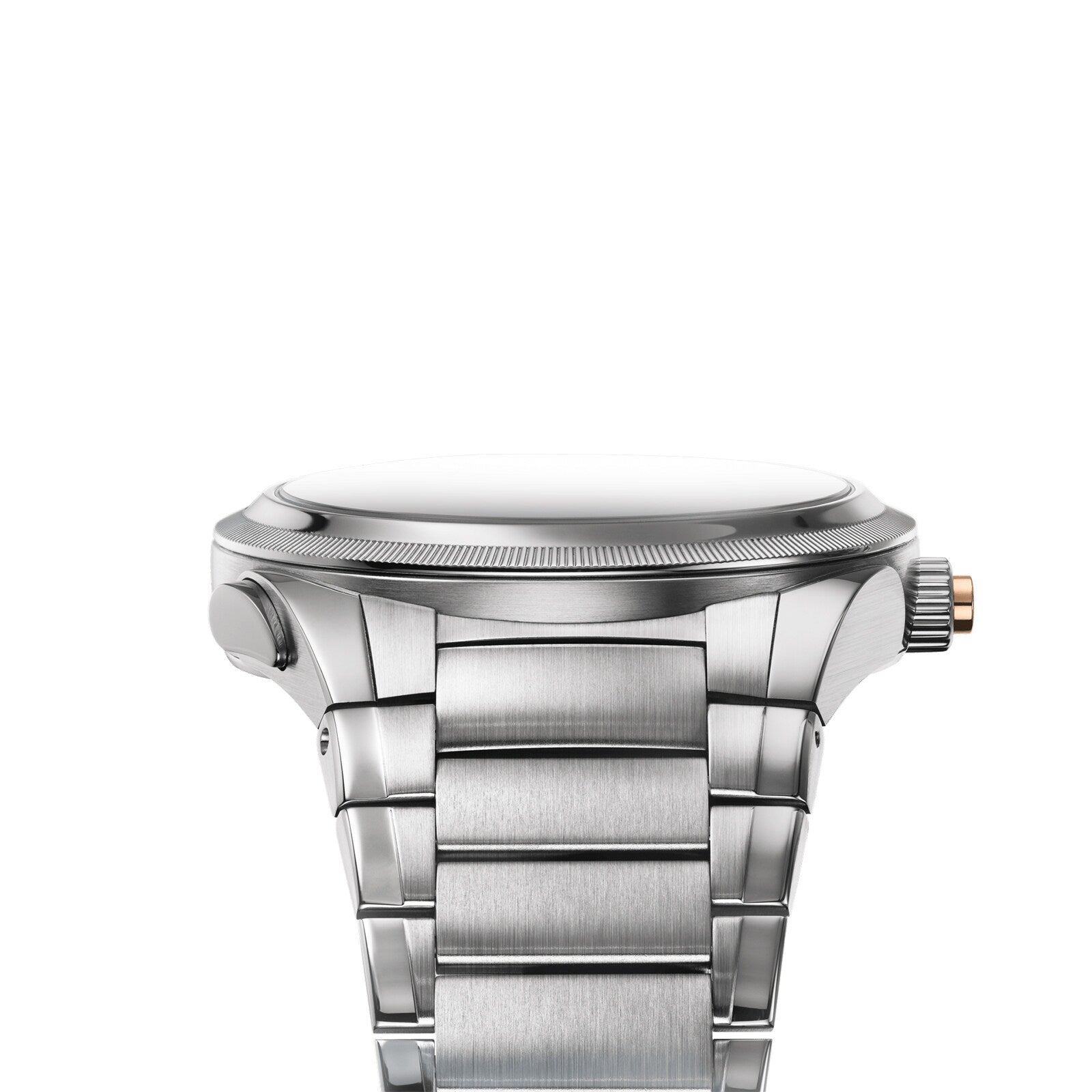 A close-up side view of the Parmigiani Fleurier TONDA PF Minute Rattrapante wristwatch, featuring a silver brushed metal band, set against a white background.