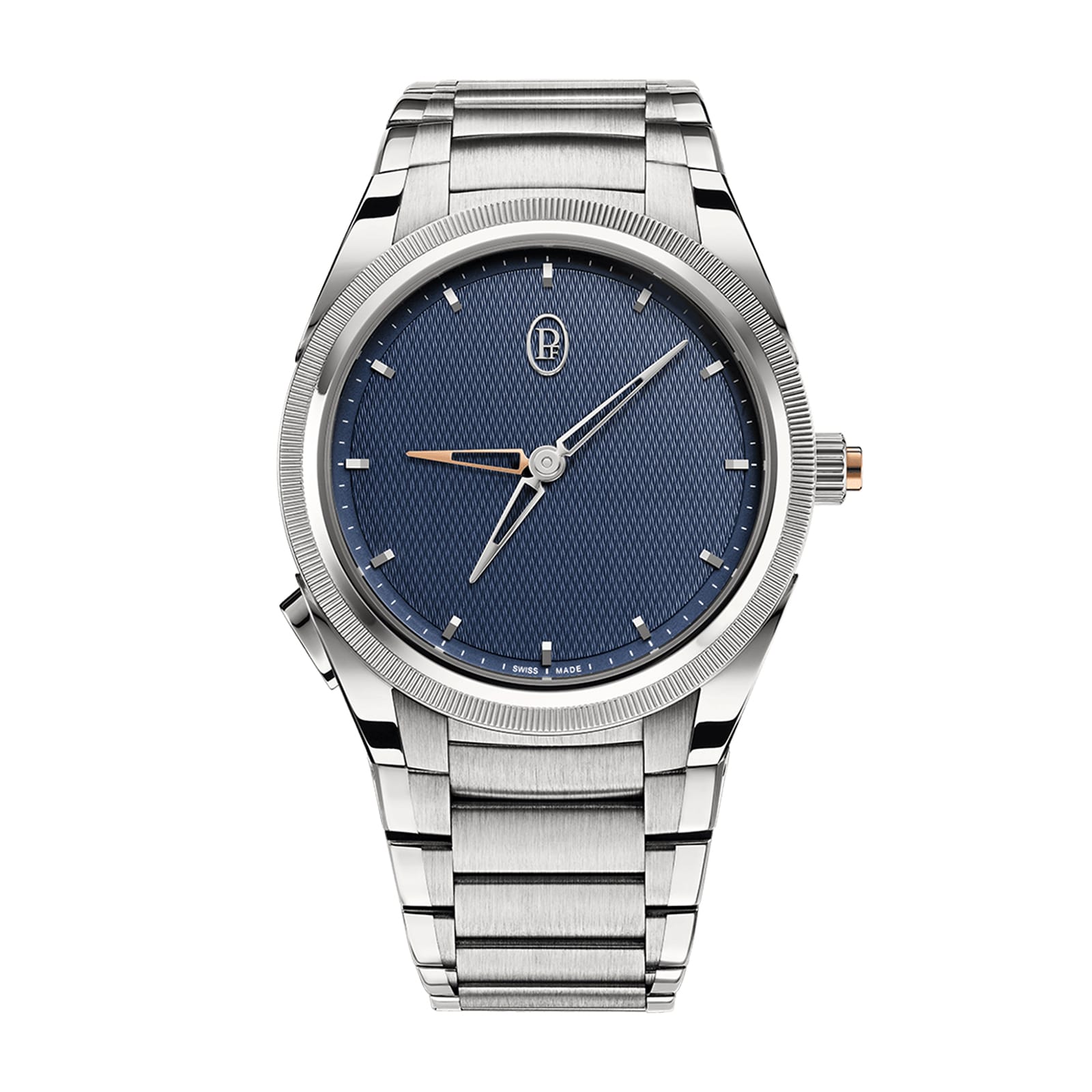 The Parmigiani Fleurier TONDA PF GMT Rattrapante is a silver wristwatch featuring a blue textured dial, silver hour markers, and a metal bracelet.