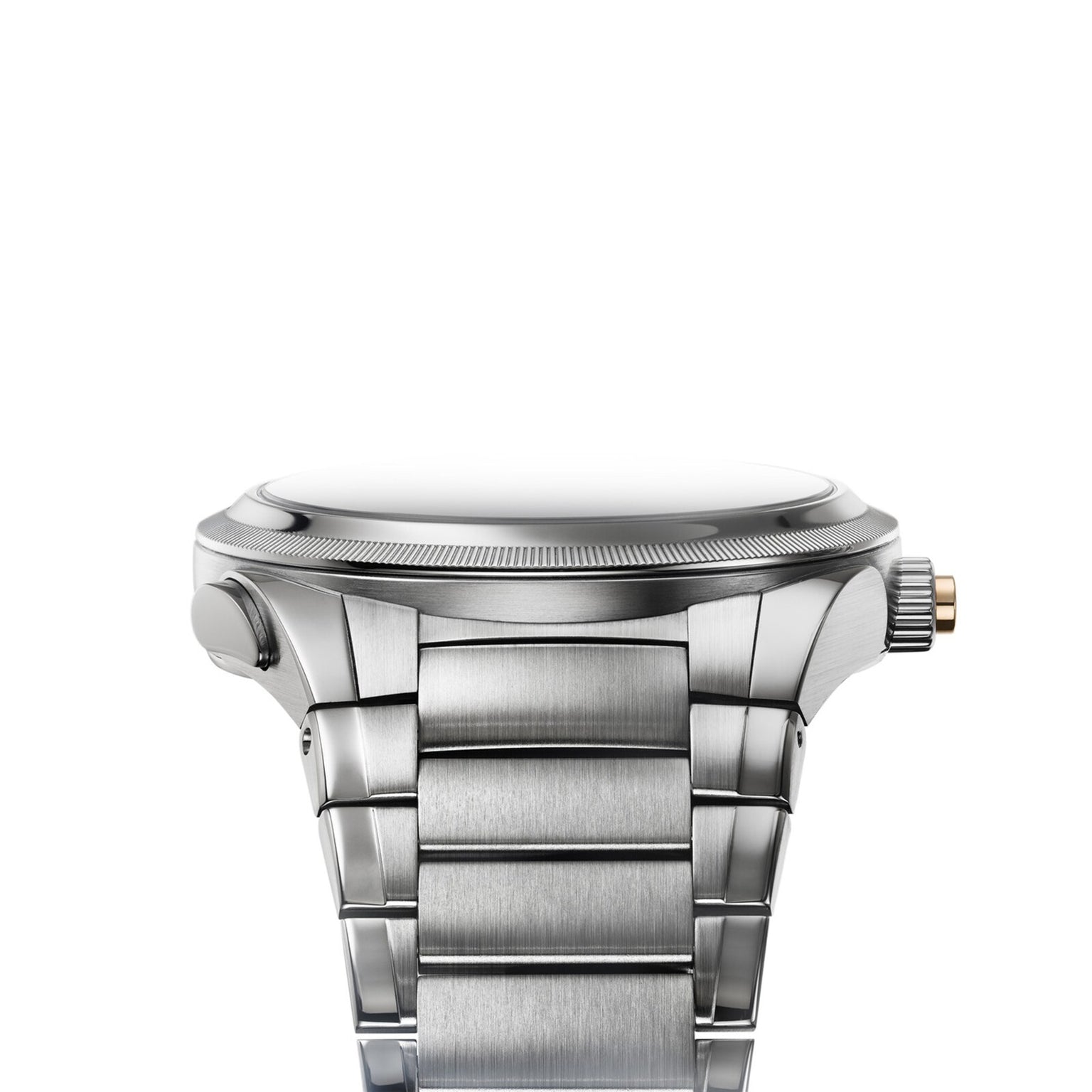 Side view of the Parmigiani Fleurier TONDA PF GMT Rattrapante, a stainless steel wristwatch with a metal strap, crown, and pusher against a white background.