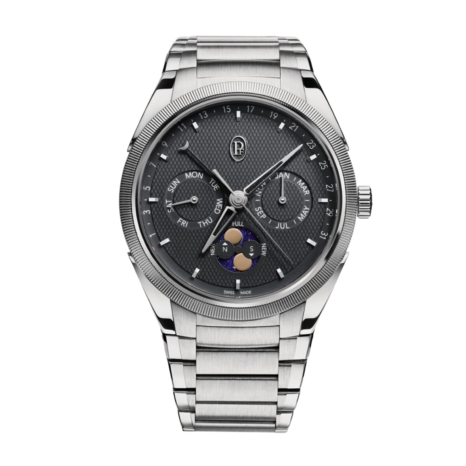 The Parmigiani Fleurier TONDA PF Gregorian Annual Calendar is a silver luxury wristwatch featuring a black dial with moon phase display and calendar subdials.