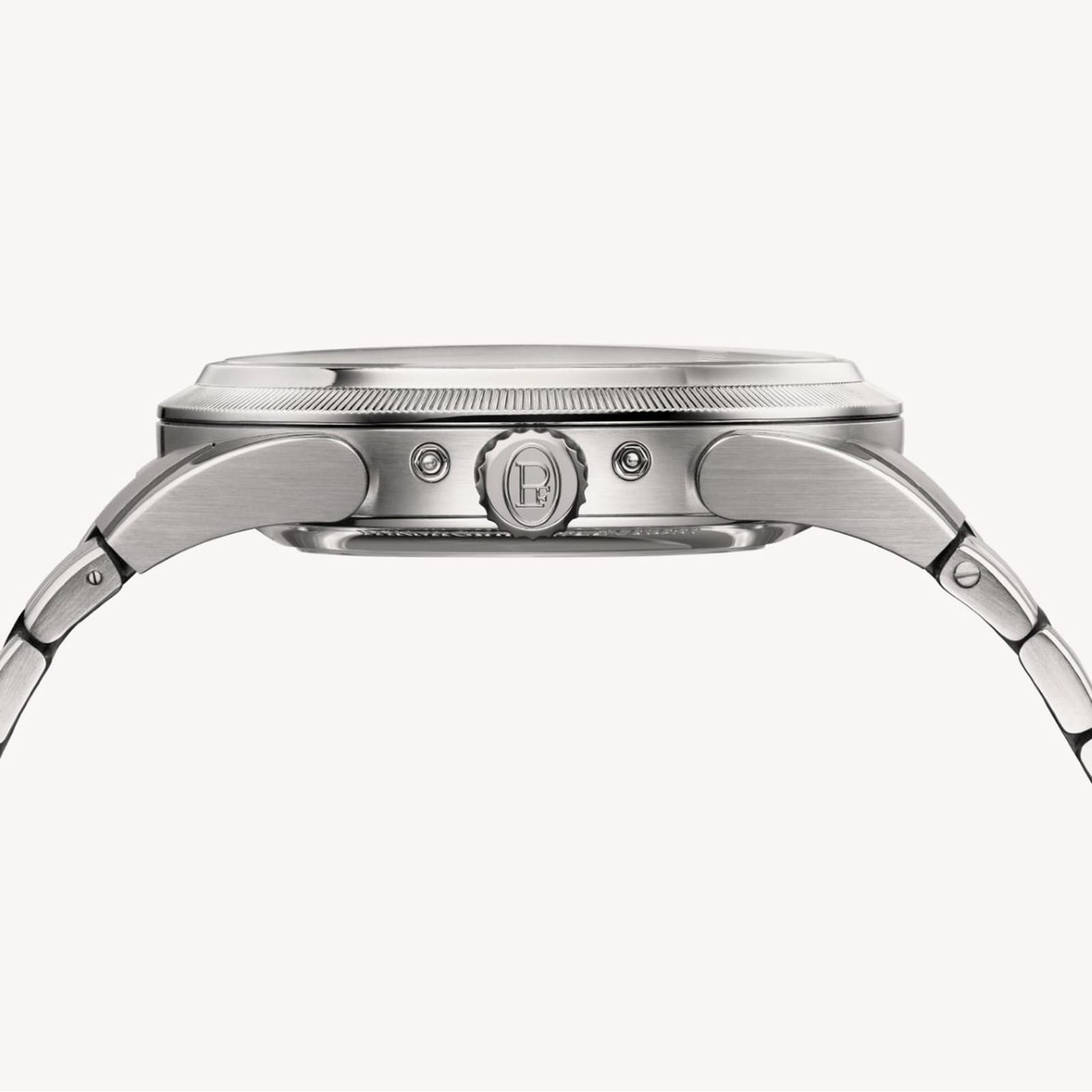 Side view of the Parmigiani Fleurier TONDA PF Gregorian Annual Calendar, a stainless steel wristwatch with crown and buttons on its metal bracelet.