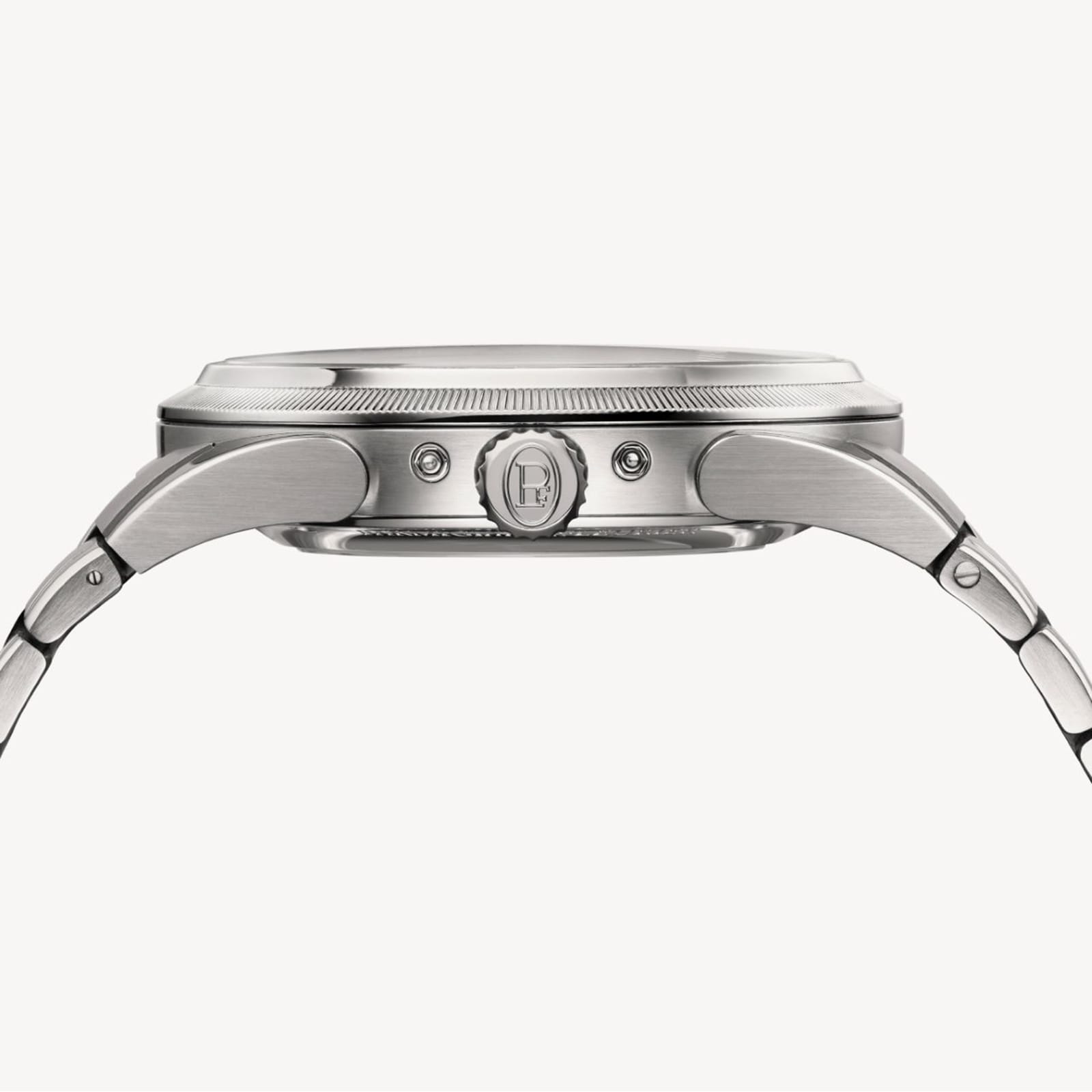 Side view of the Parmigiani Fleurier TONDA PF Gregorian Annual Calendar, a stainless steel wristwatch with crown and buttons on its metal bracelet.