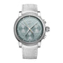 Silver watch with a detailed face on a white background