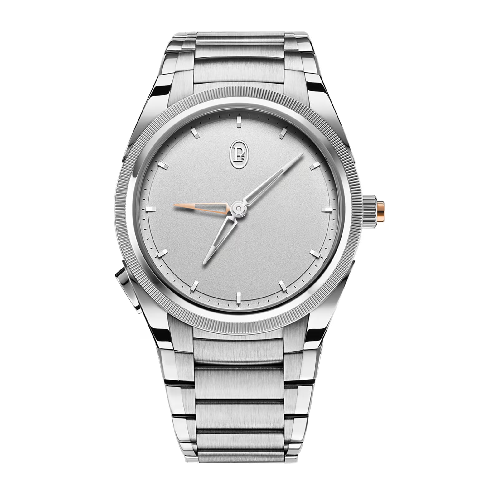 Silver watch with a white face on a white background