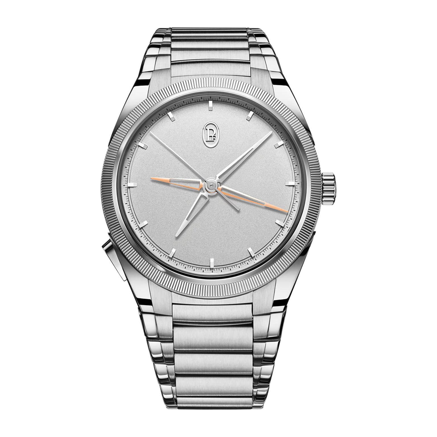 Silver watch with a white face on a white background