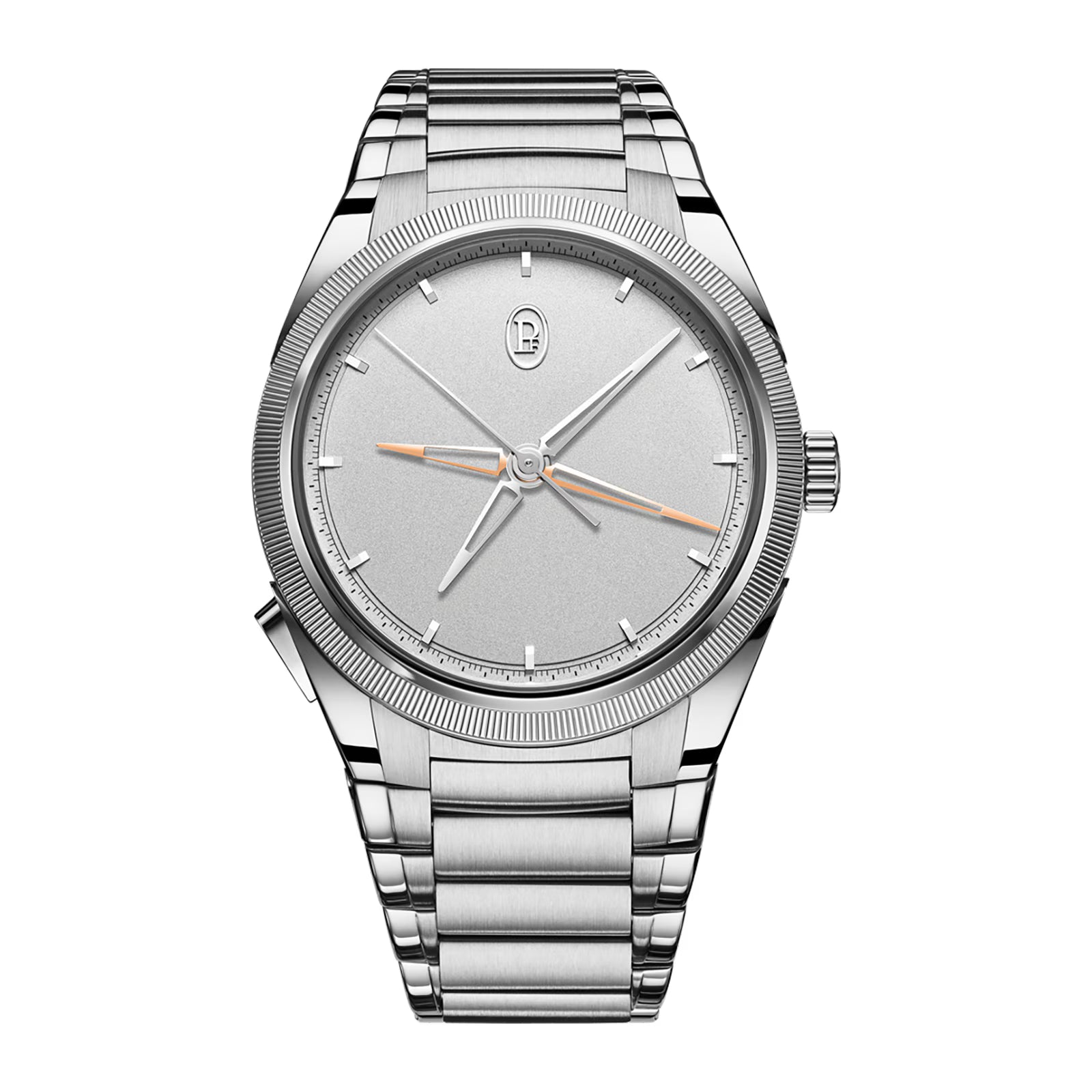 Silver watch with a white face on a white background