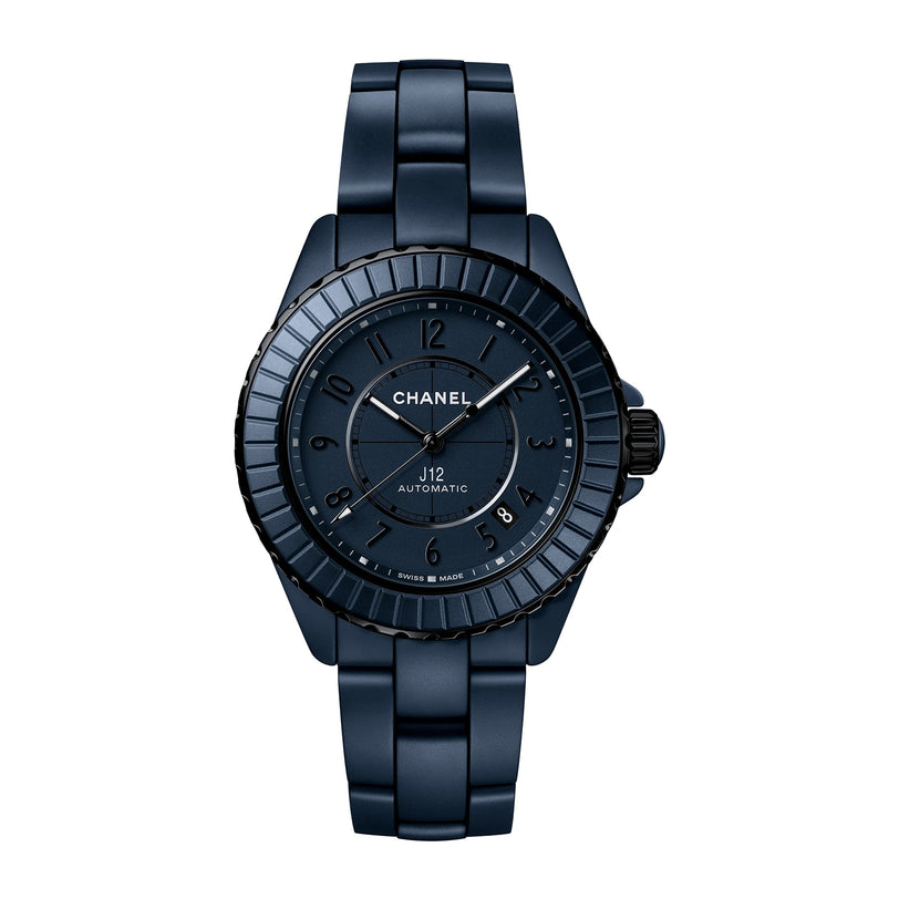 Chanel J12 Bleu Watch Caliber 12.1, 38 mm, features a black ceramic band and dial with silver hands and numerals.