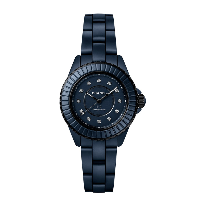 A Chanel J12 Bleu Watch Caliber 12.2, 33 mm, with a ceramic band and diamond hour markers, is shown on a white background.