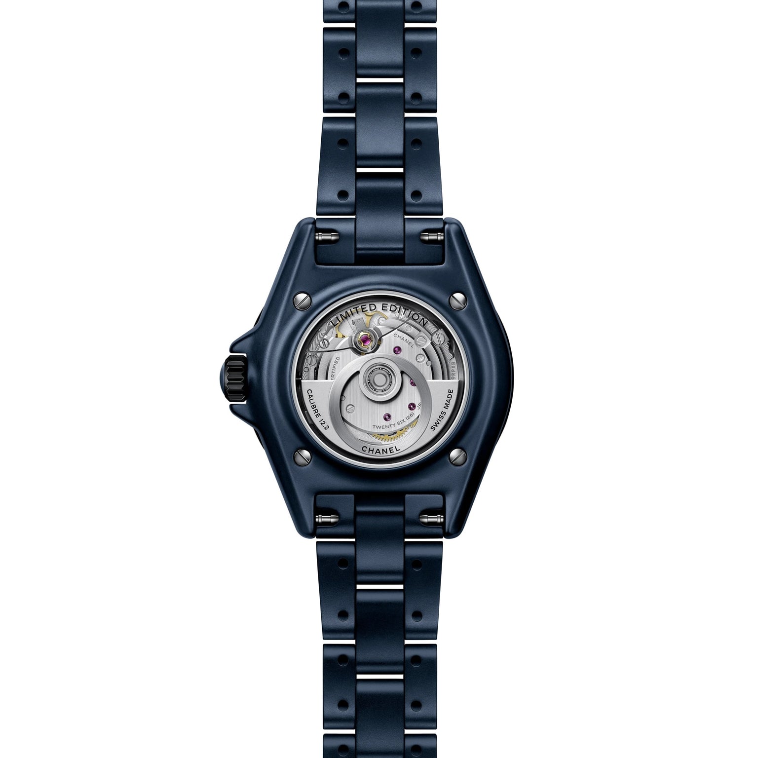 The Chanel J12 Bleu Watch Caliber 12.2, 33 mm features a blue design, visible mechanical movement, and limited edition engraving on the back.