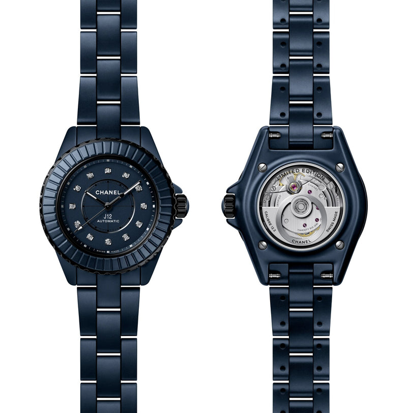 Front and back view of the Chanel J12 Bleu Watch Caliber 12.2, 33 mm, featuring a dark blue ceramic bracelet and diamond hour markers.