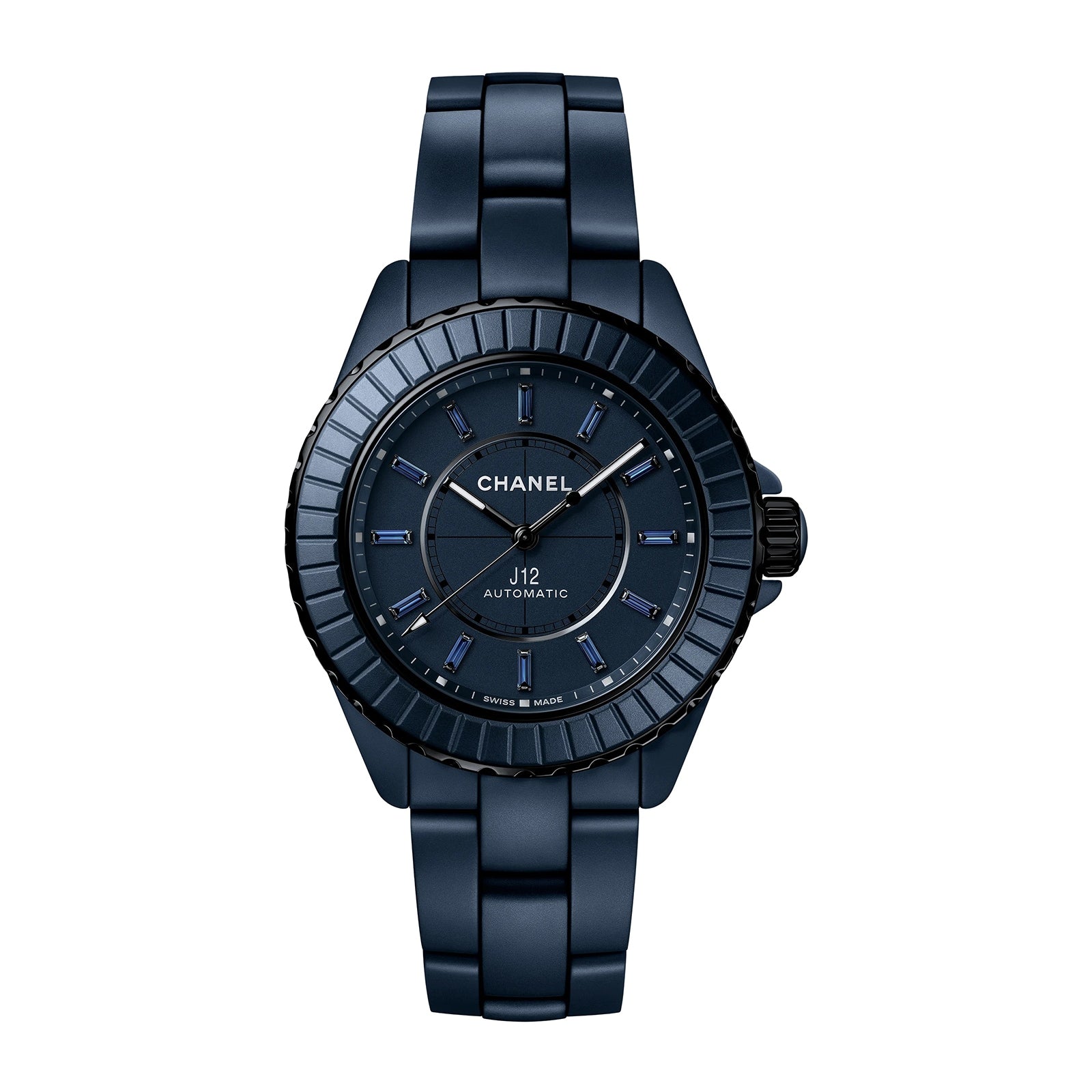 The Chanel J12 Bleu Watch Caliber 12.1 (38 mm) features a sleek black ceramic bracelet and minimalist blue accents.