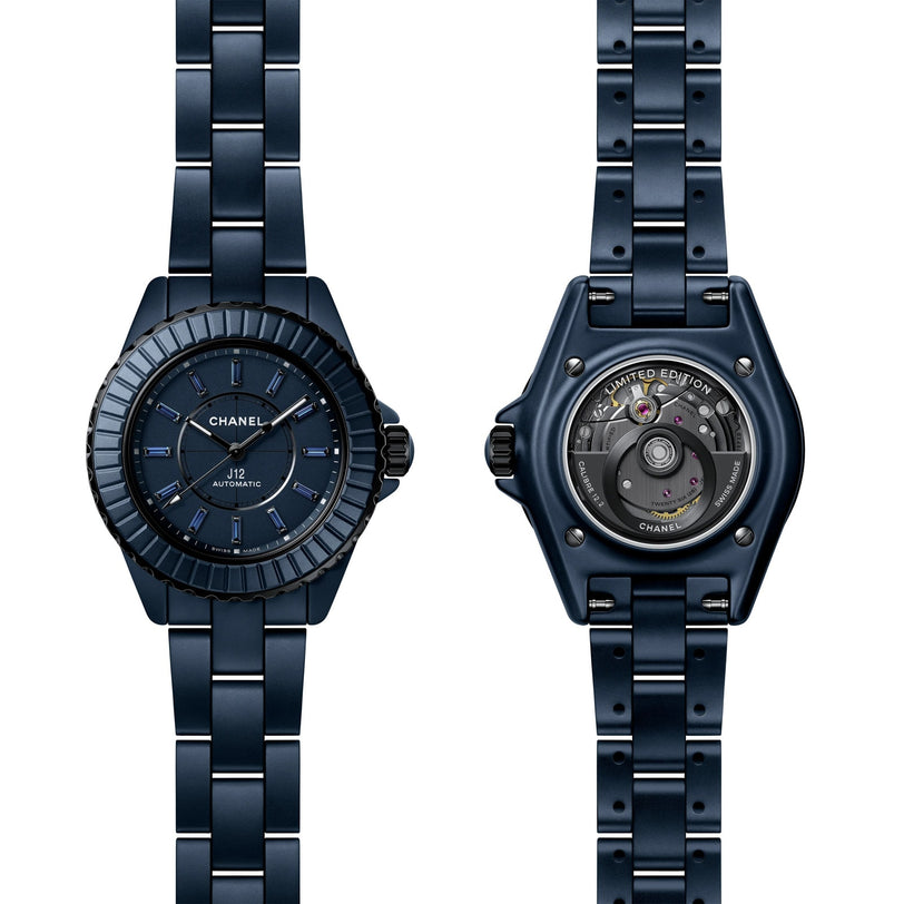 Front and back views of the Chanel J12 Bleu Watch Caliber 12.2, 33 mm, featuring a blue ceramic bracelet and automatic movement.