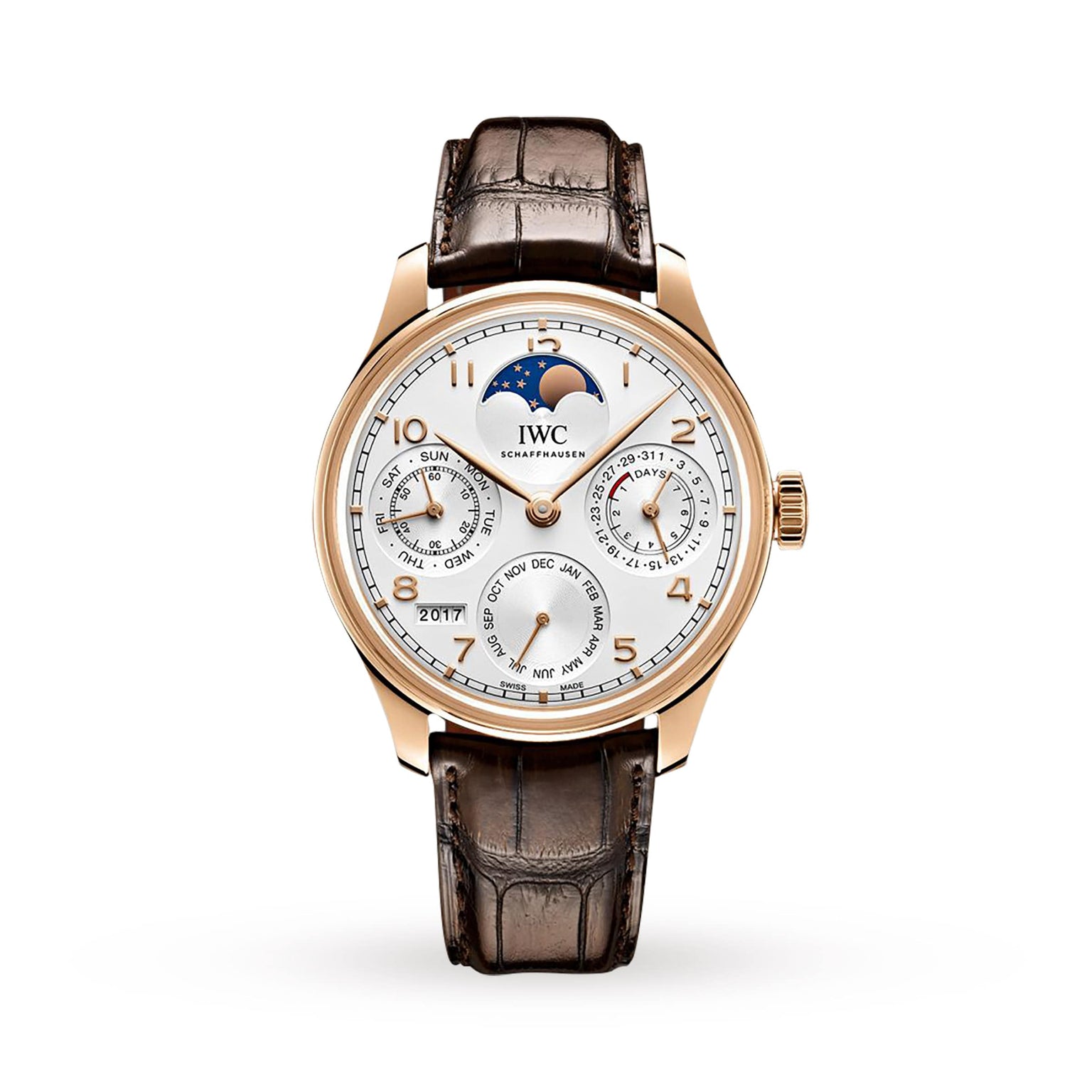The IWC Schaffhausen Portugieser Perpetual Calendar is a gold wristwatch with an 18ct gold case, brown leather strap, white dial, moon phase display, and subdials for day, date, month, and year.